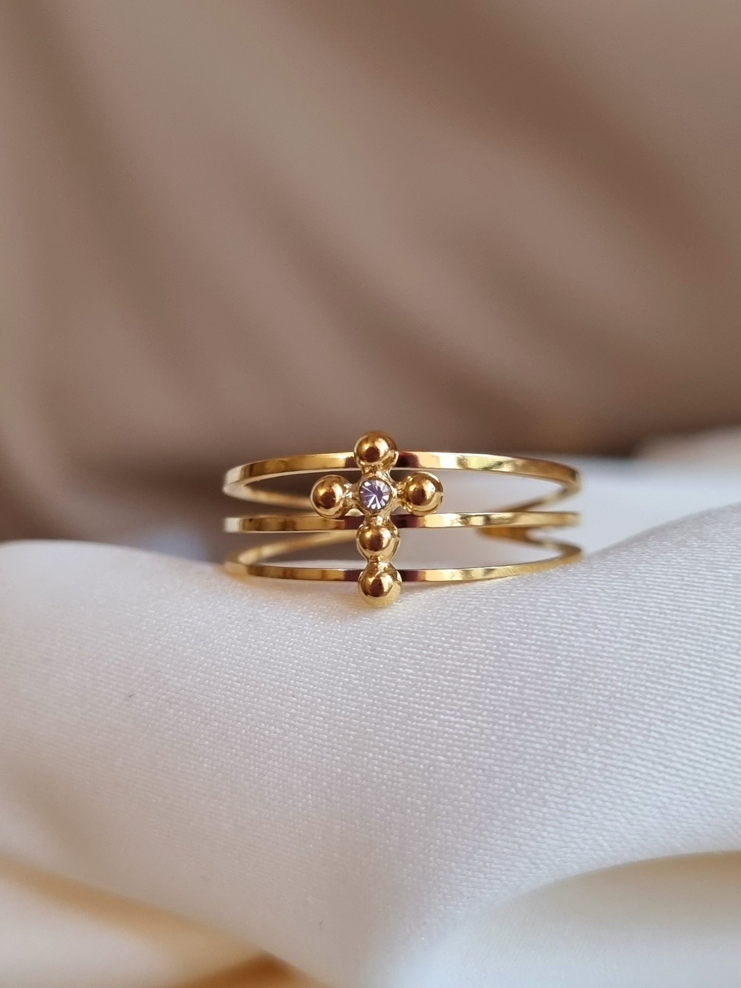Bague croix et zircon - doré