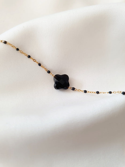 Bracelet trèfle & petites perles - doré | Obsidienne noire