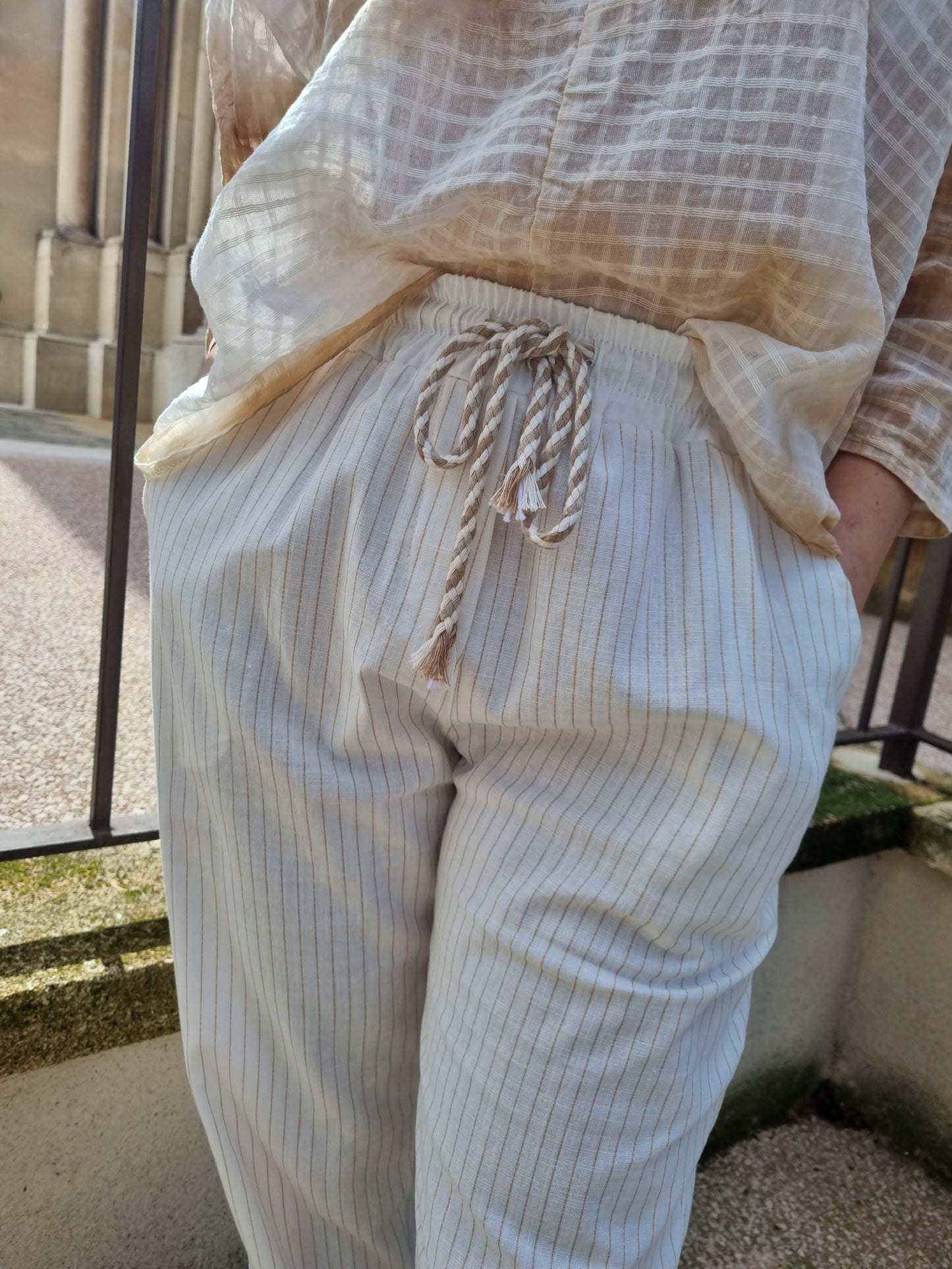 Pantalon fluide ceinture cordon rayures - blanc/brun
