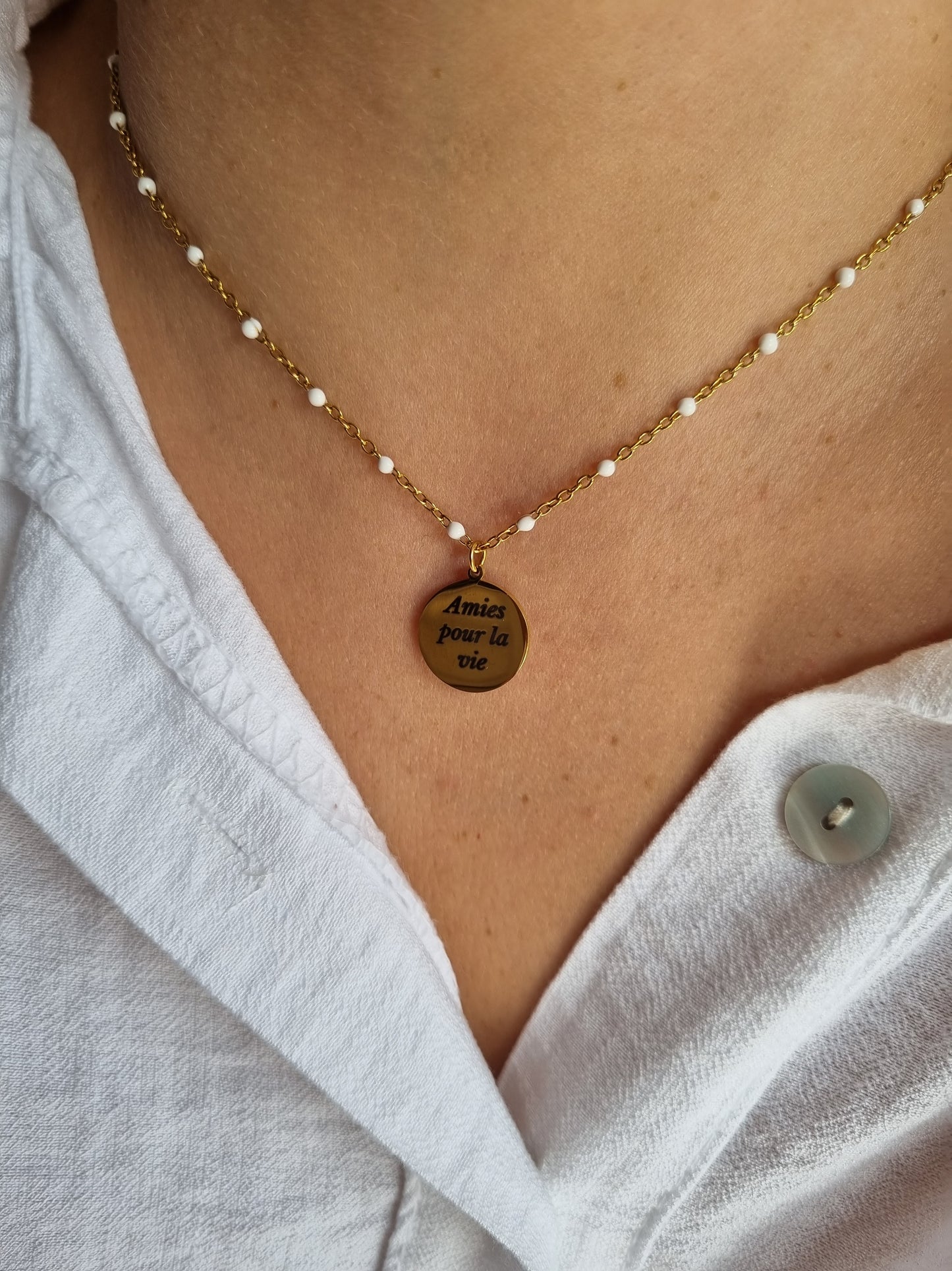 Collier Médaille petites perles à graver | Doré - couleurs au choix