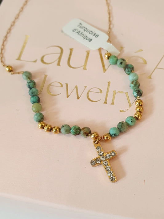 Collier croix strass & perles en Turquoise d'Afrique - doré