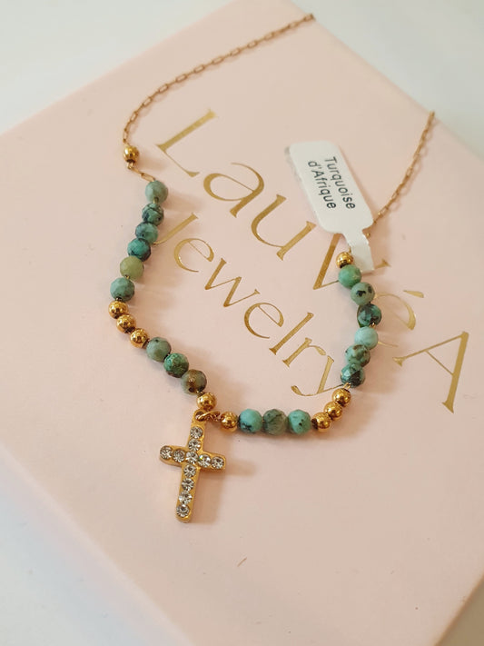 Collier croix strass & perles en Turquoise d'Afrique - doré