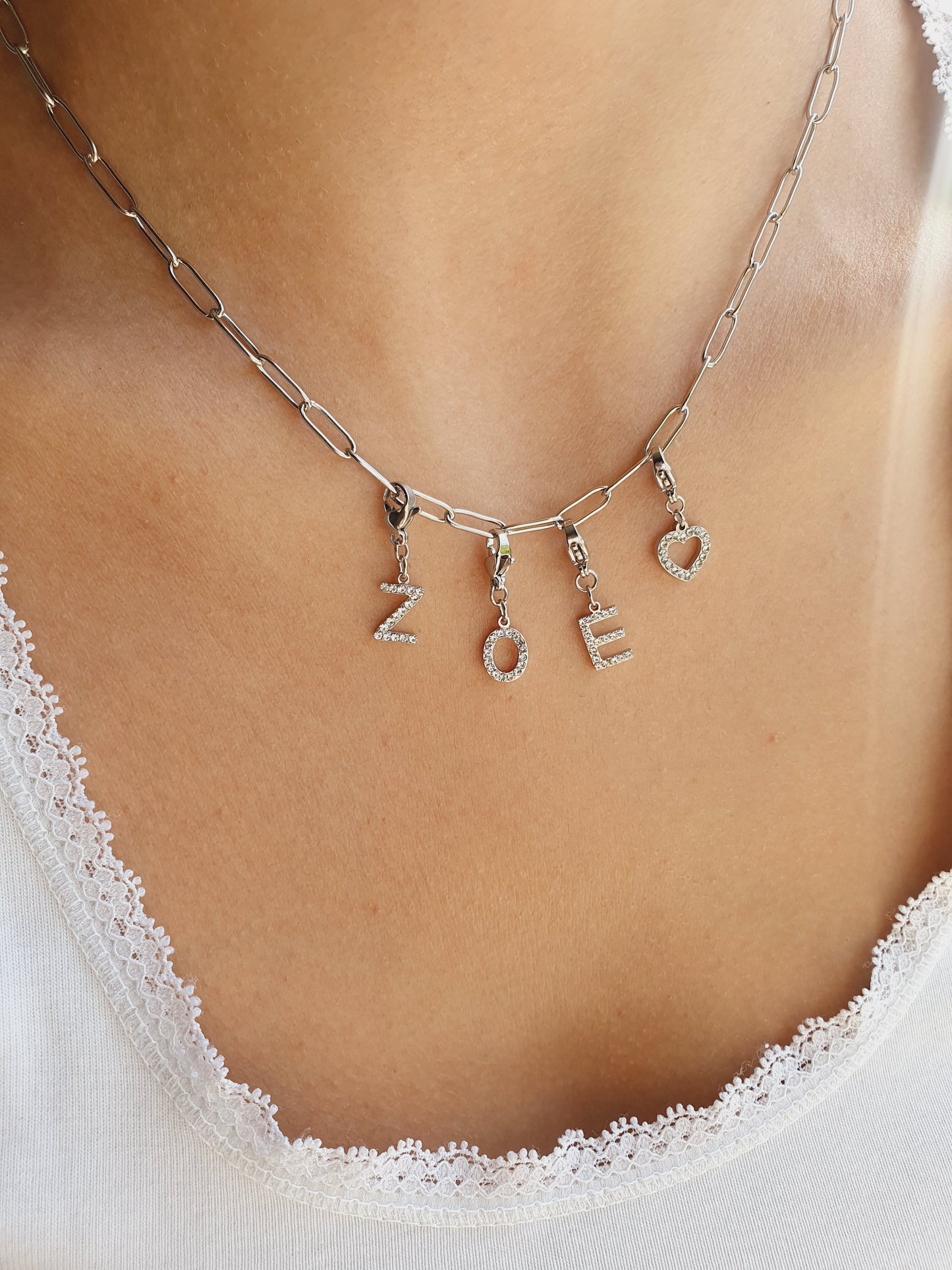 Collier prénom charms lettres strass - argenté