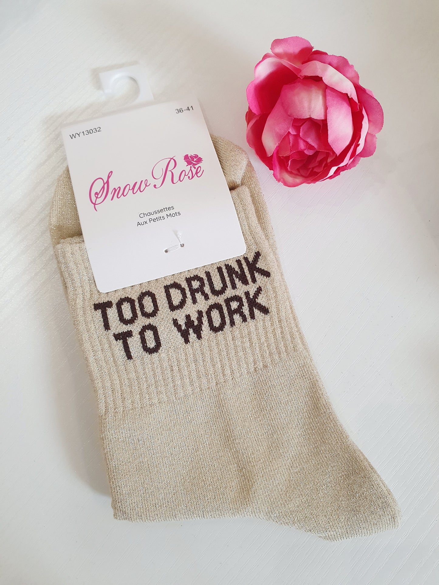 Chaussettes pailletées à message TOO DRUNK TO WORK | Beige