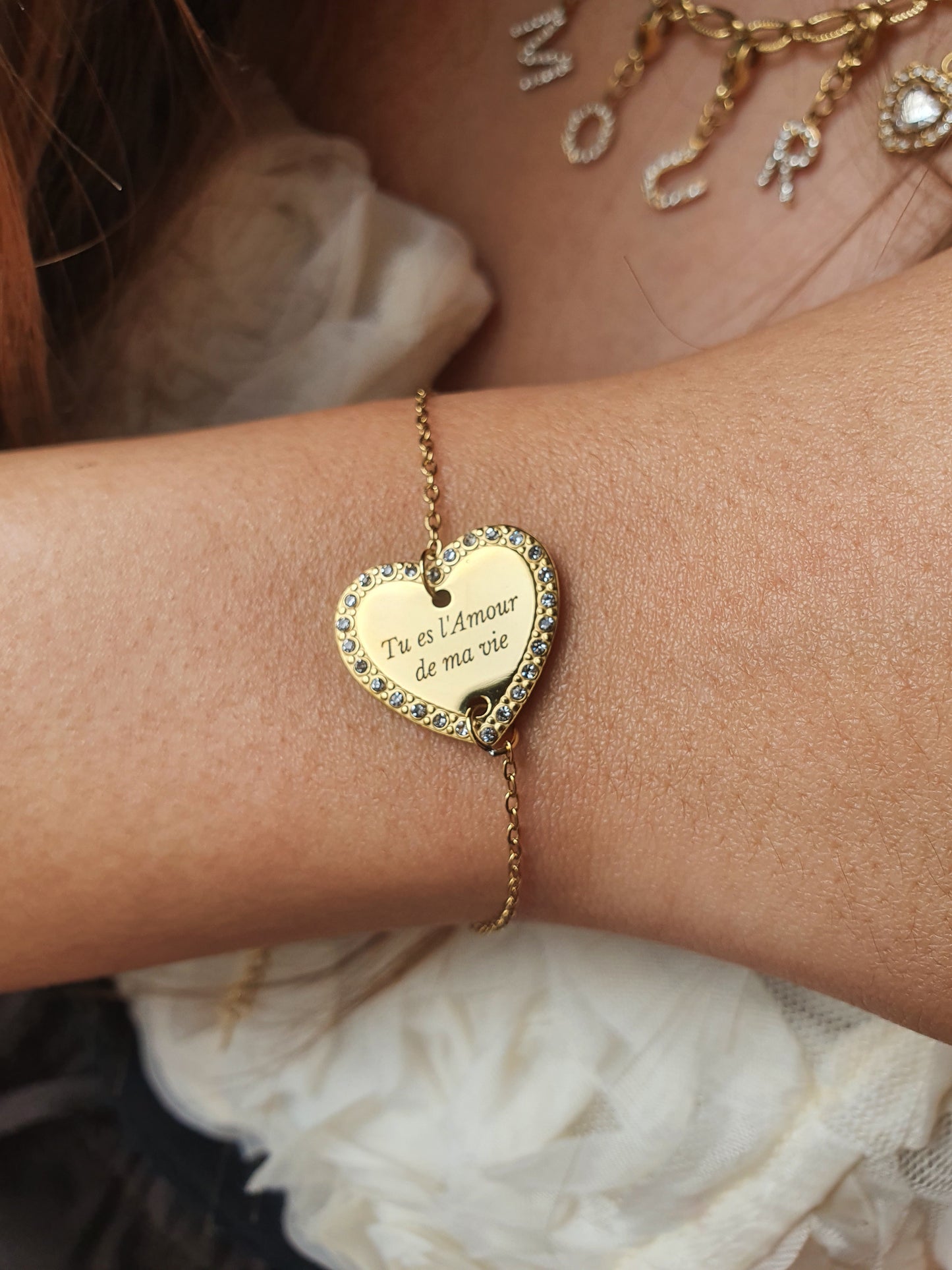 Bracelet coeur zircons à graver | Coloris au choix
