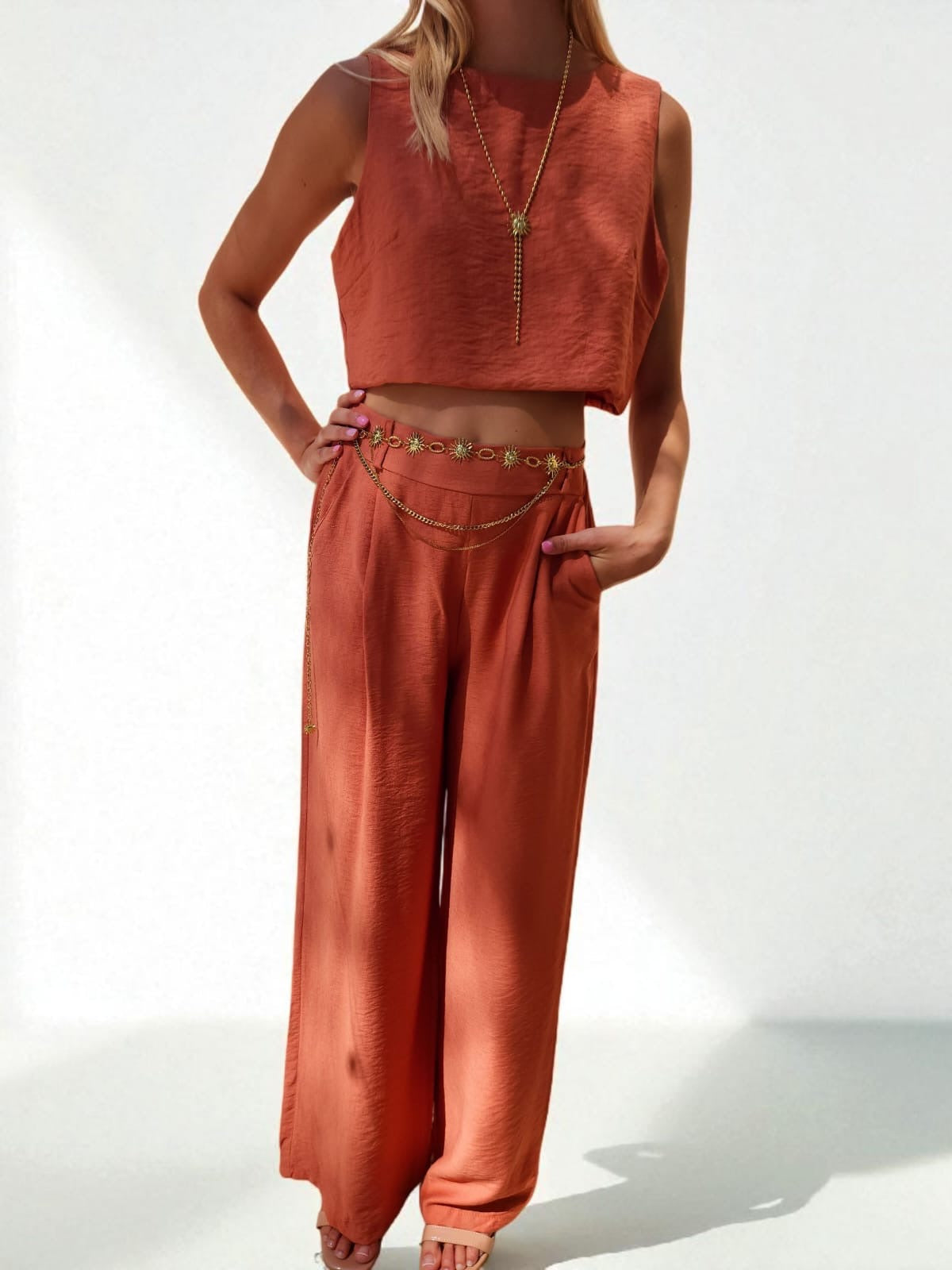 Ensemble Palazzo & Crop Top en Lin & Coton - Terracotta