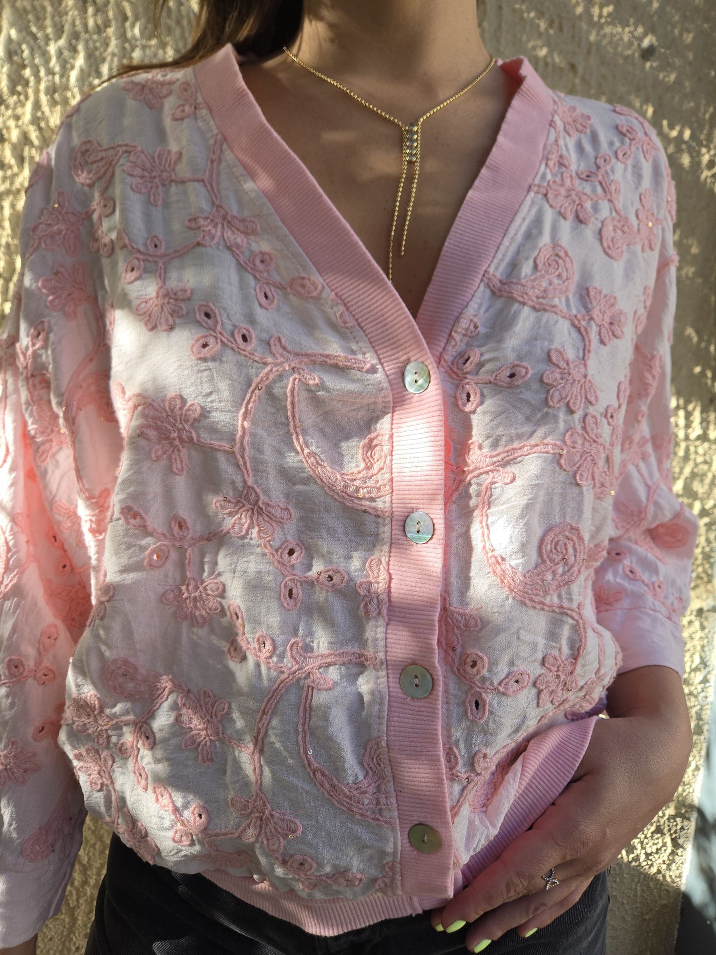 Gilet crochet fleurs oversize - rose