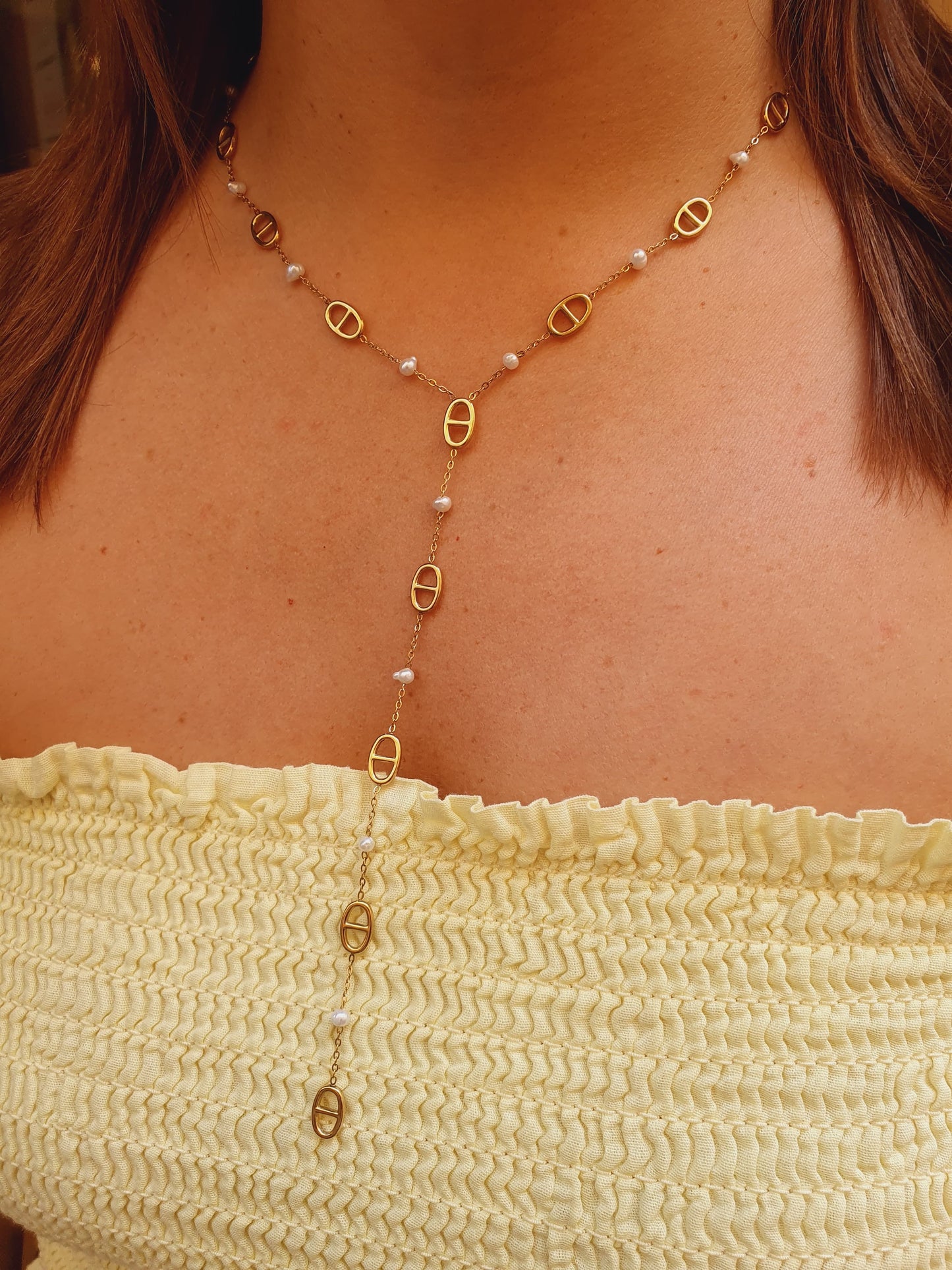 Sautoir maille marine & perles d'eau douce
