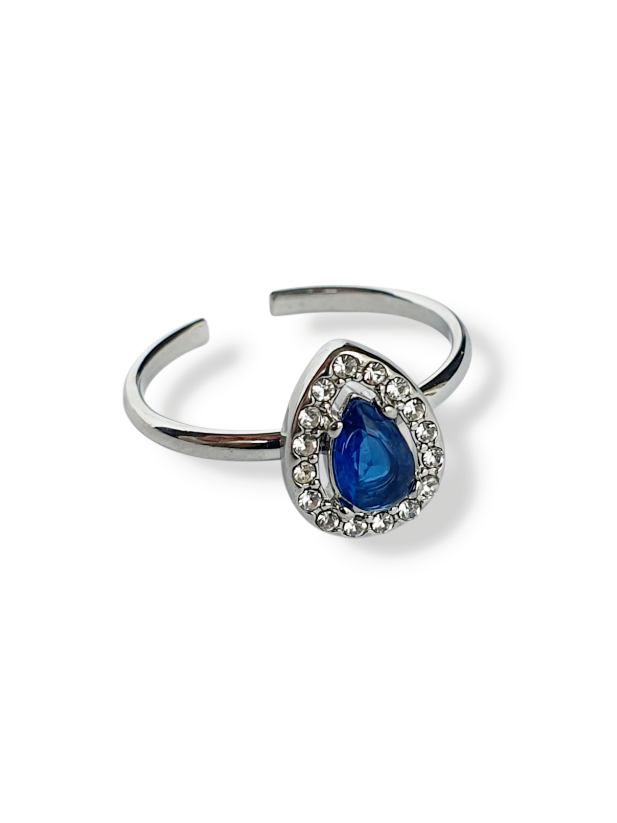 Bague goutte bleu contour zircon - argenté