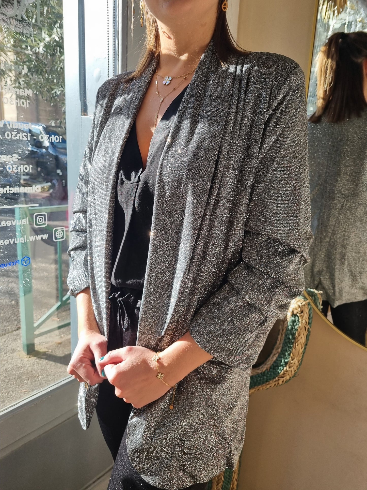 Blazer argenté pailleté manches retroussés