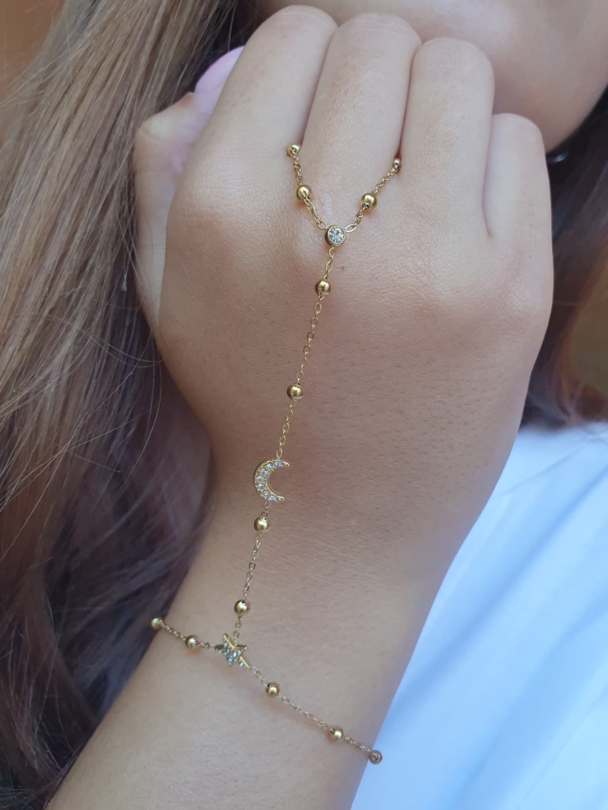 Bijou de main étoile et lune zircons - doré