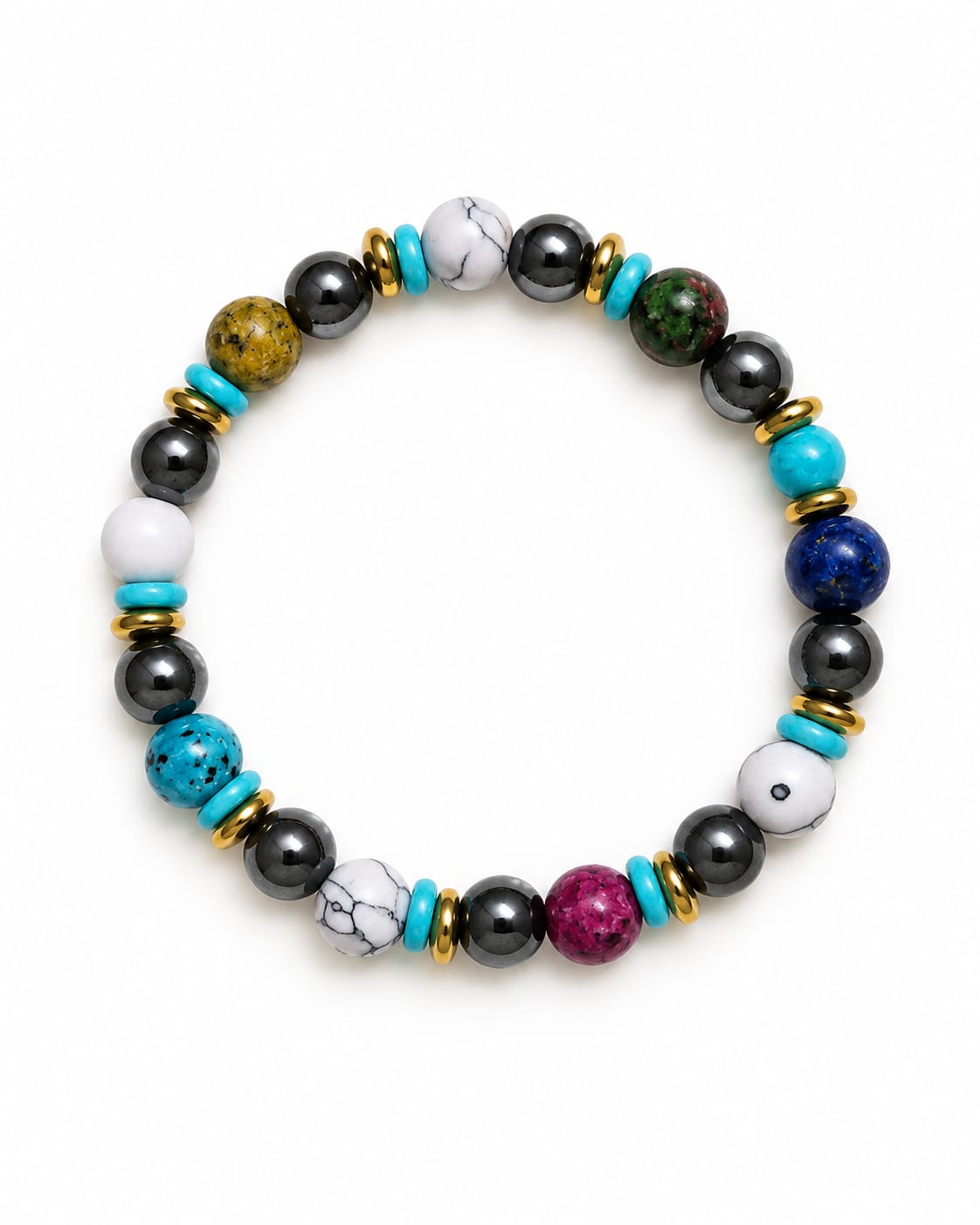 Bracelet élastique ZÉLIE en hématite, howlite, lapis-lazuli et turquoise, perles de 8 mm