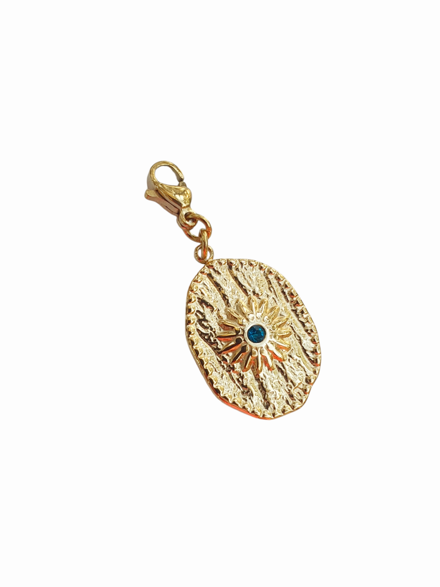 Charm breloque ovale martelée & strass vert/bleu - doré