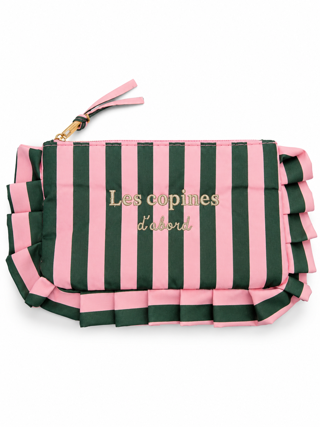 Pochette à rayures vert et rose avec volants, brodée Les copines d'abord