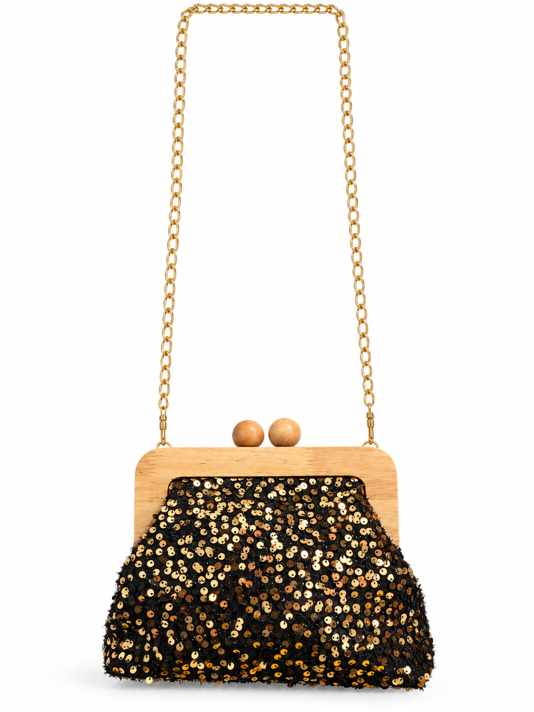 Pochette paillettes dorées fermoir bois
