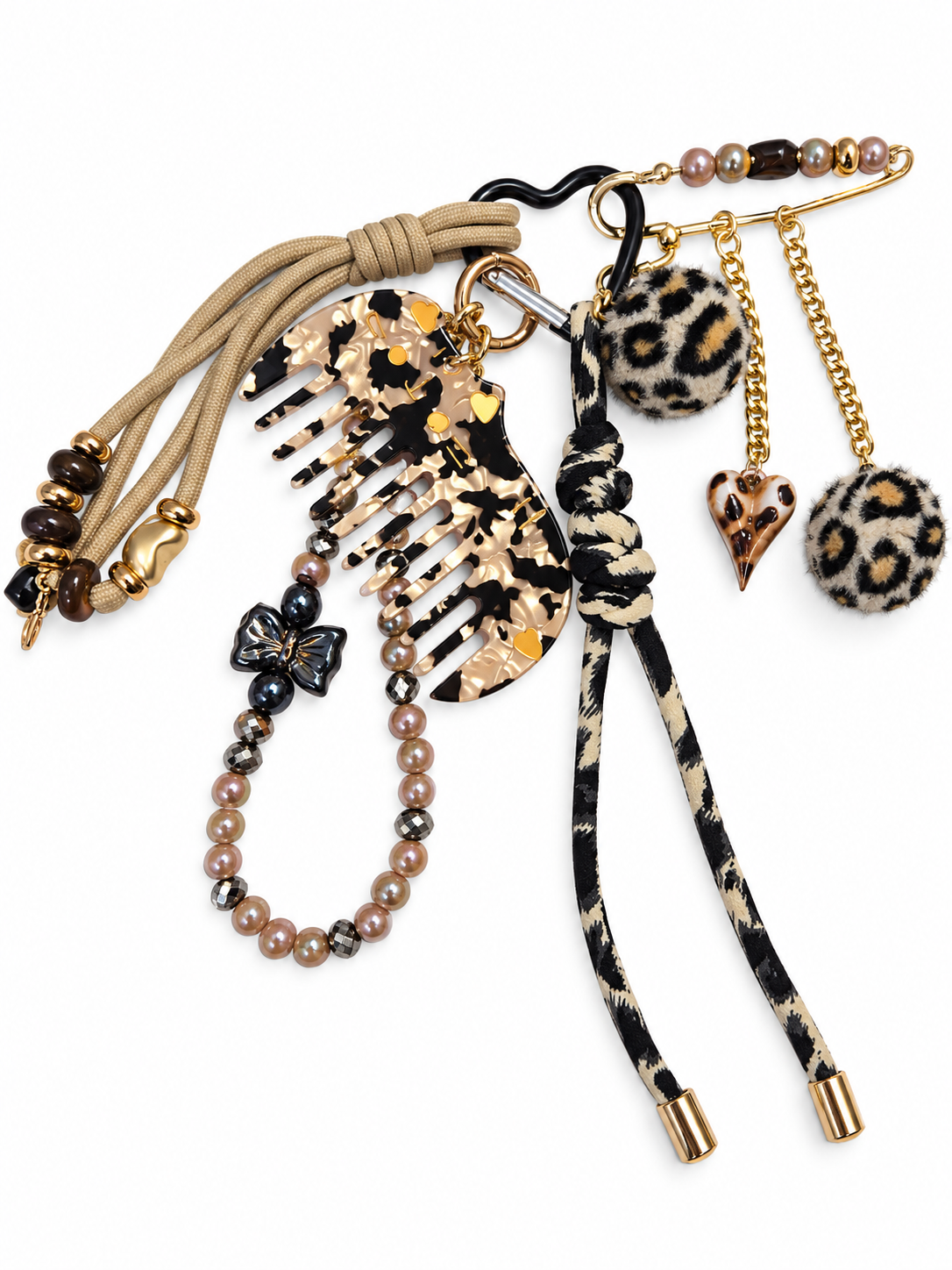 Bijou de sac et porte-clés léopard avec pompons, peigne écaille et perles