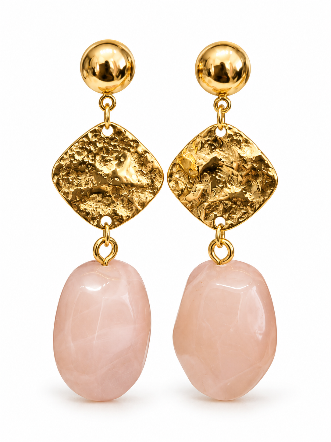 Boucles d'oreilles dorées martelées avec pendant rose, acier inoxydable