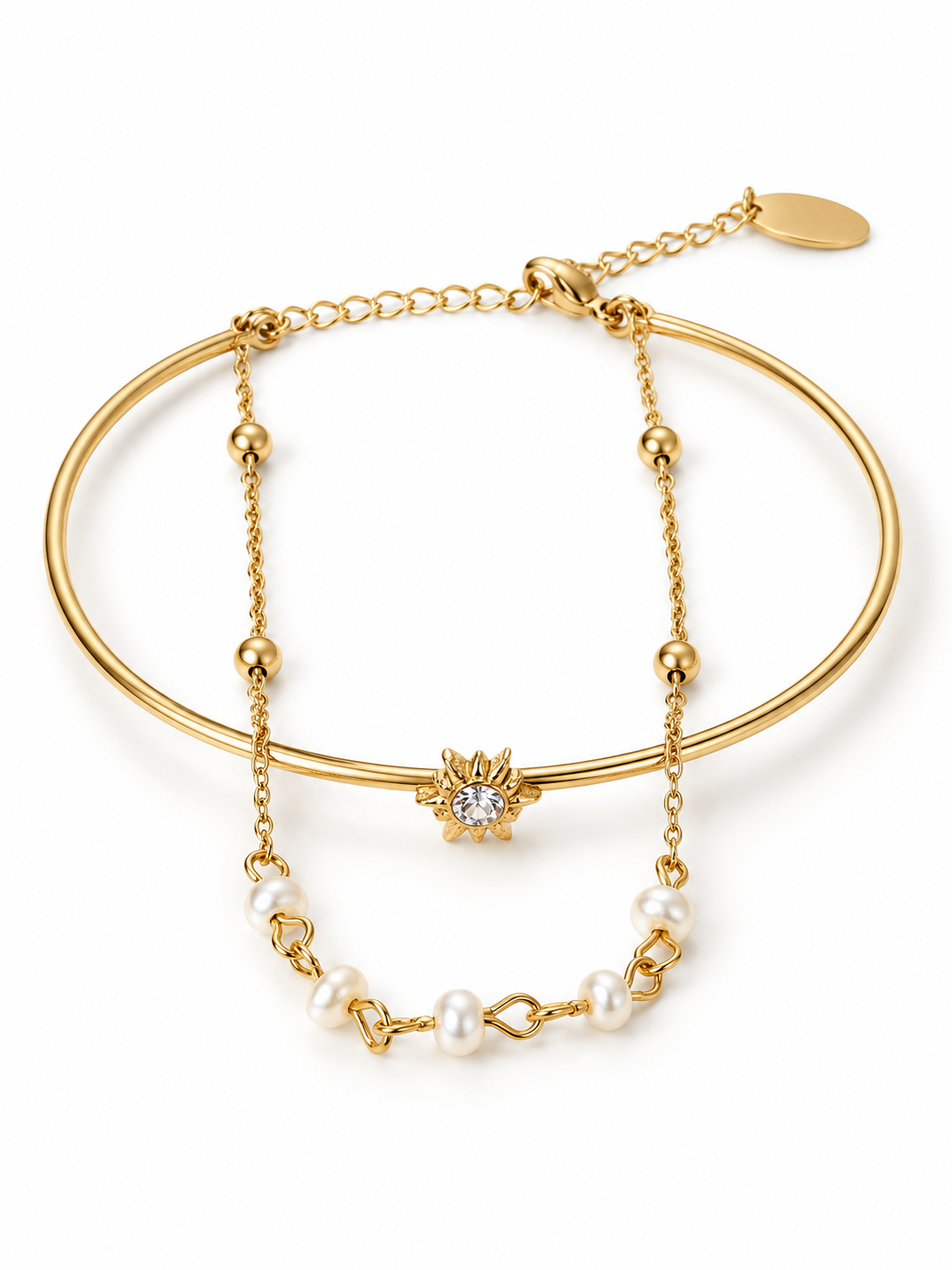 Bracelet double rang doré jonc soleil zircon et chaîne de perles en acier inoxydable