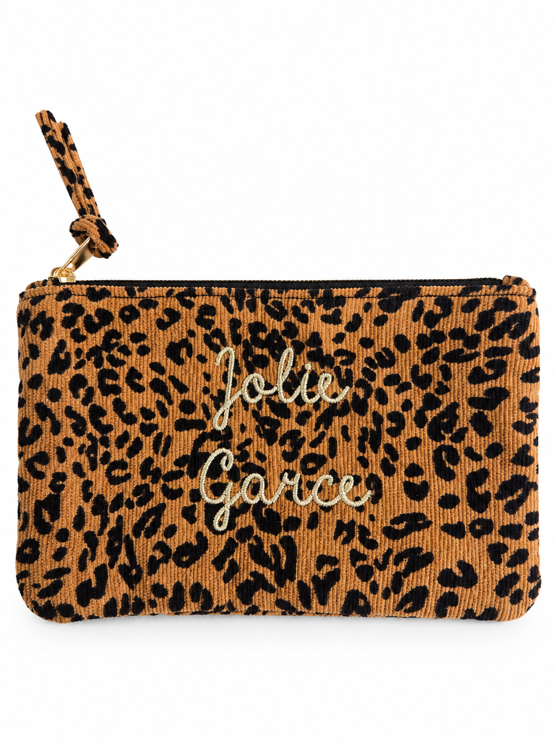 Pochette côtelée imprimé léopard brodée Jolie garce en fil doré