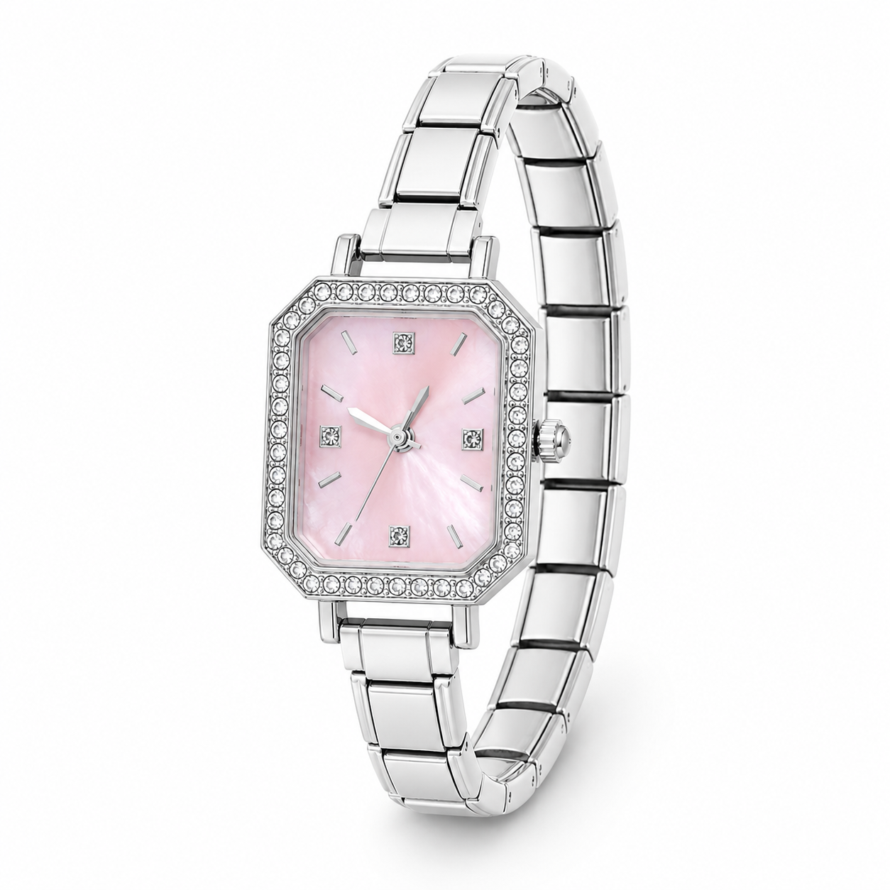 Montre Bracelet Italien argentée à personnaliser – CHRONA (cadran rose)