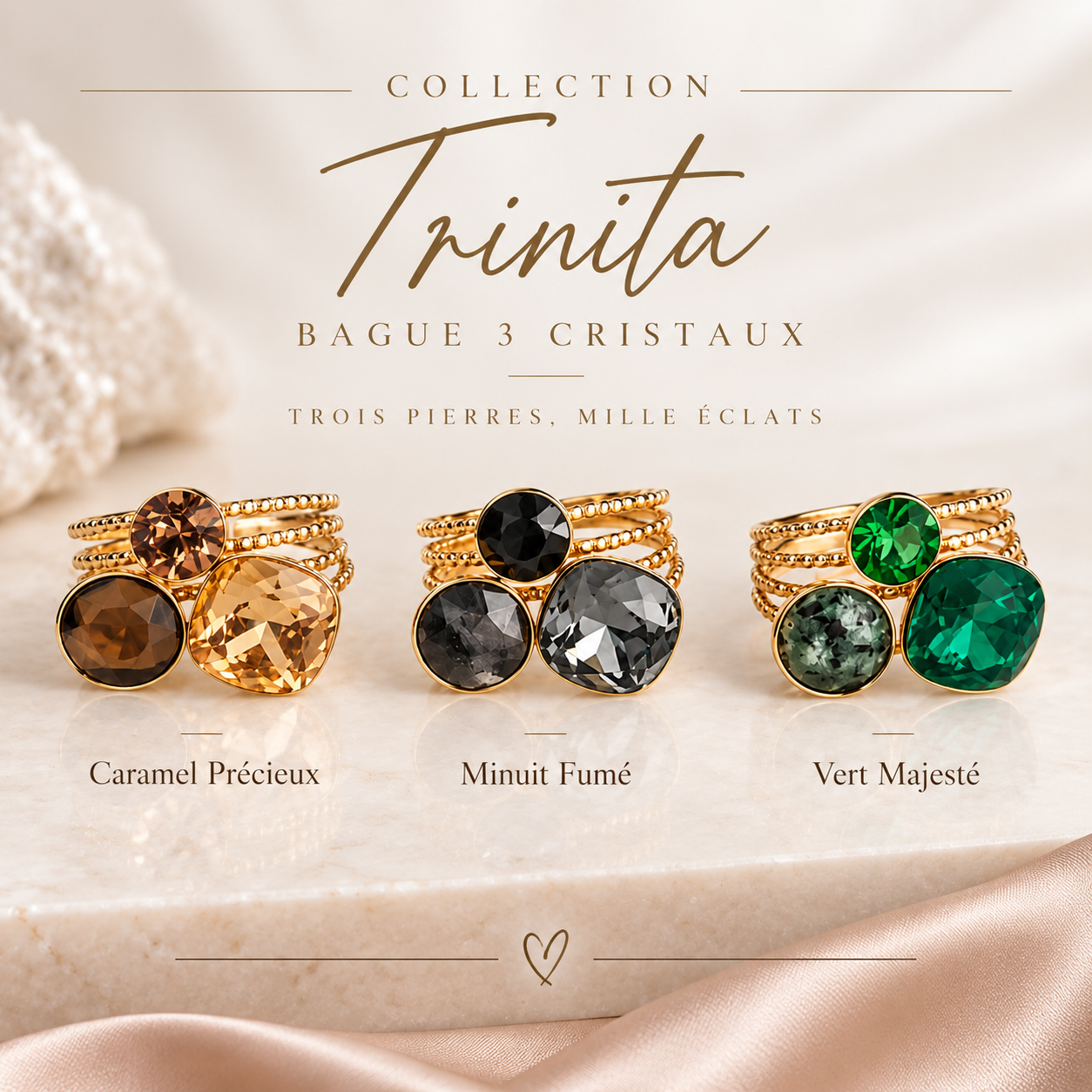 Bague 3 cristaux TRINITA - Coloris au choix