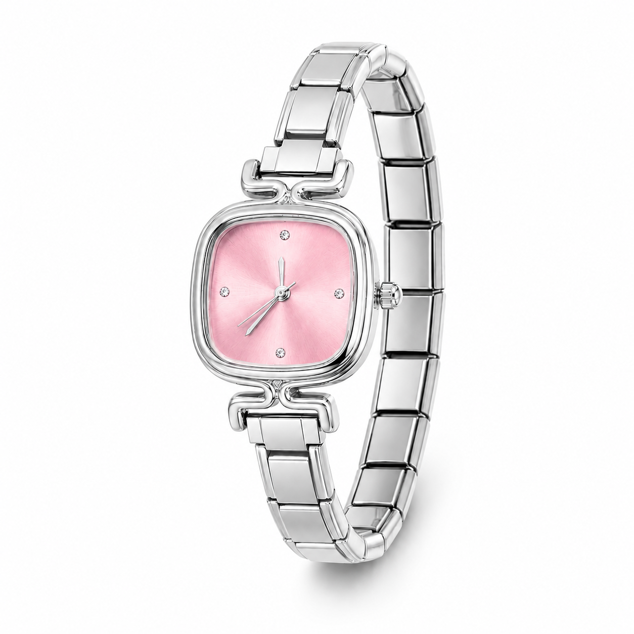 Montre Bracelet Italien argentée à personnaliser – KAIROS (cadran rose)