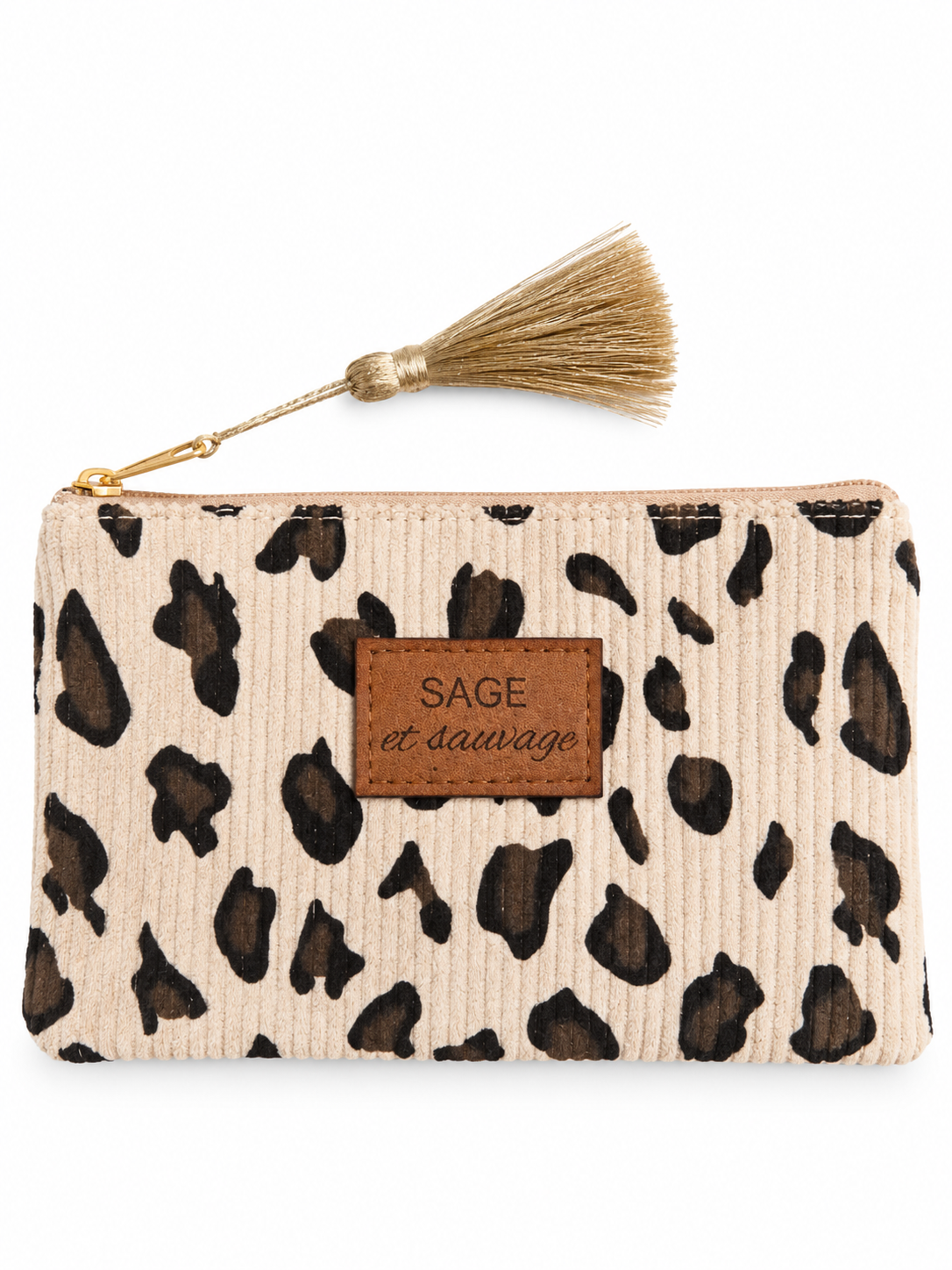 Pochette côtelée crème imprimé léopard SAGE et sauvage avec pompon doré