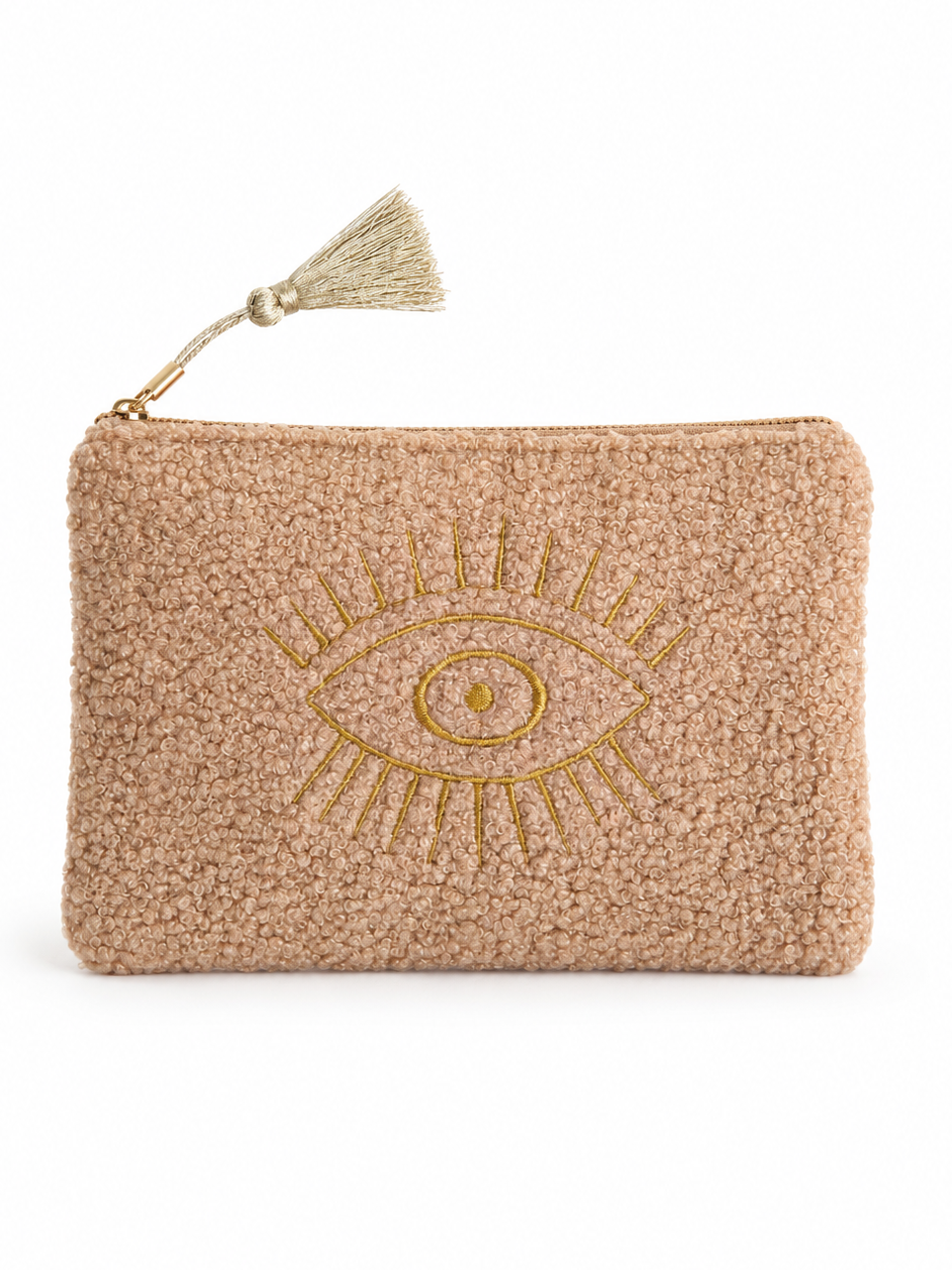 Pochette moumoute beige avec œil doré brodé et pompon