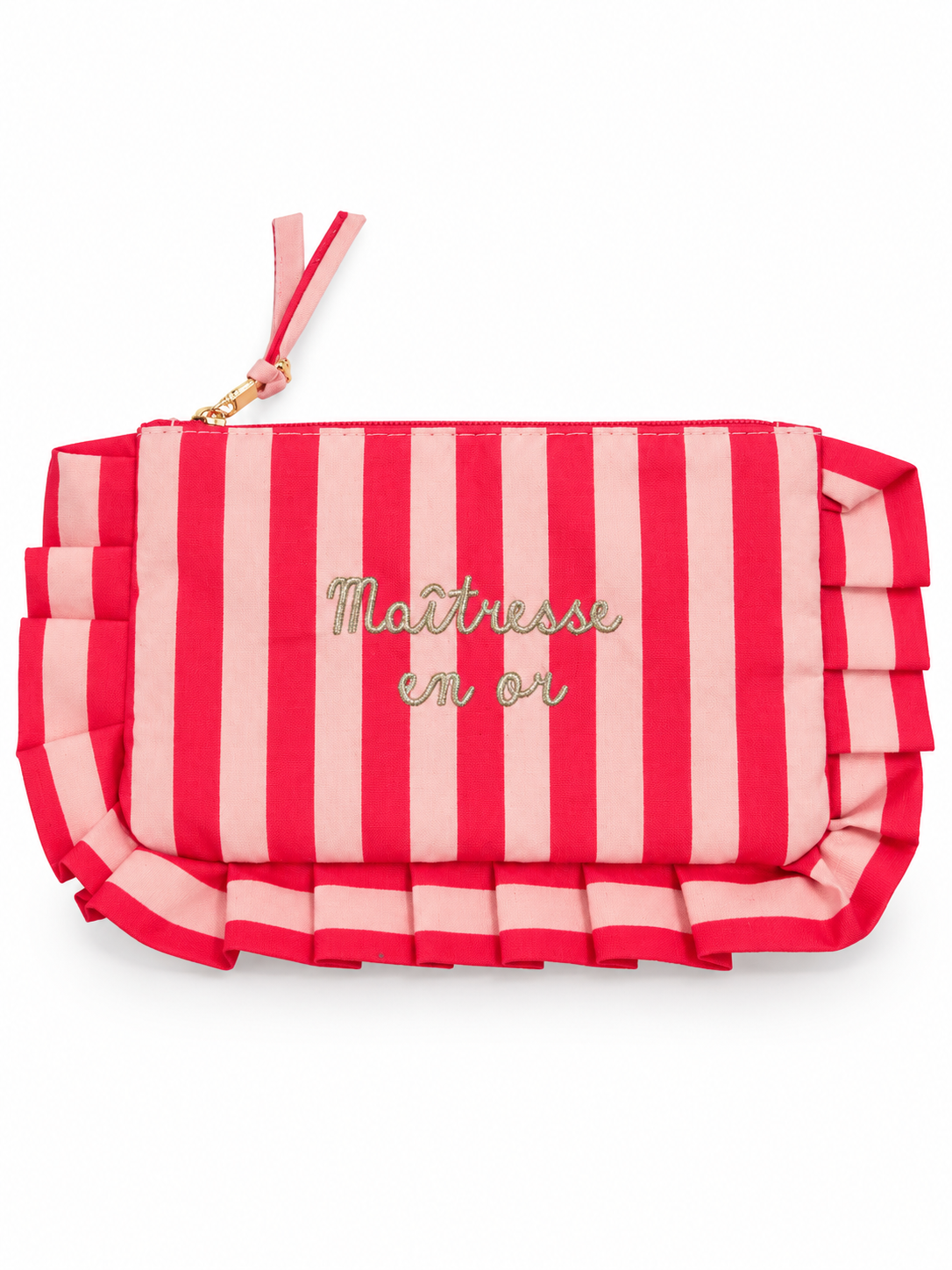Pochette à rayures rouge et rose avec volants, brodée Maîtresse en or