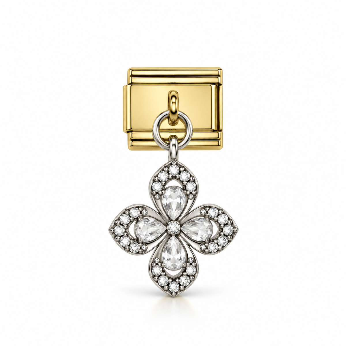 Charm italien fleur stylisée argentée zircons blancs