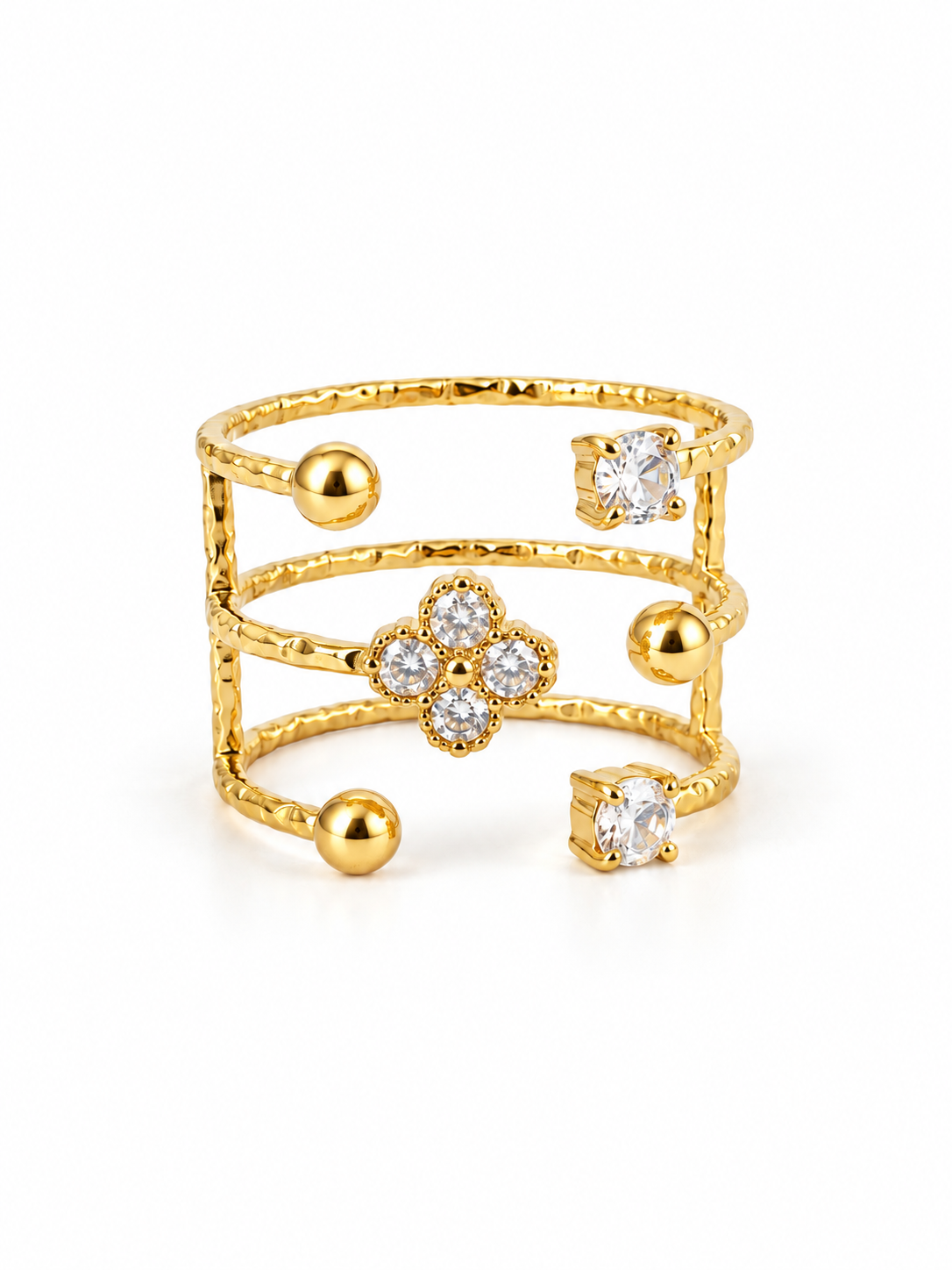 Bague TALIVEA : trois anneaux martelés avec trèfle de zircons