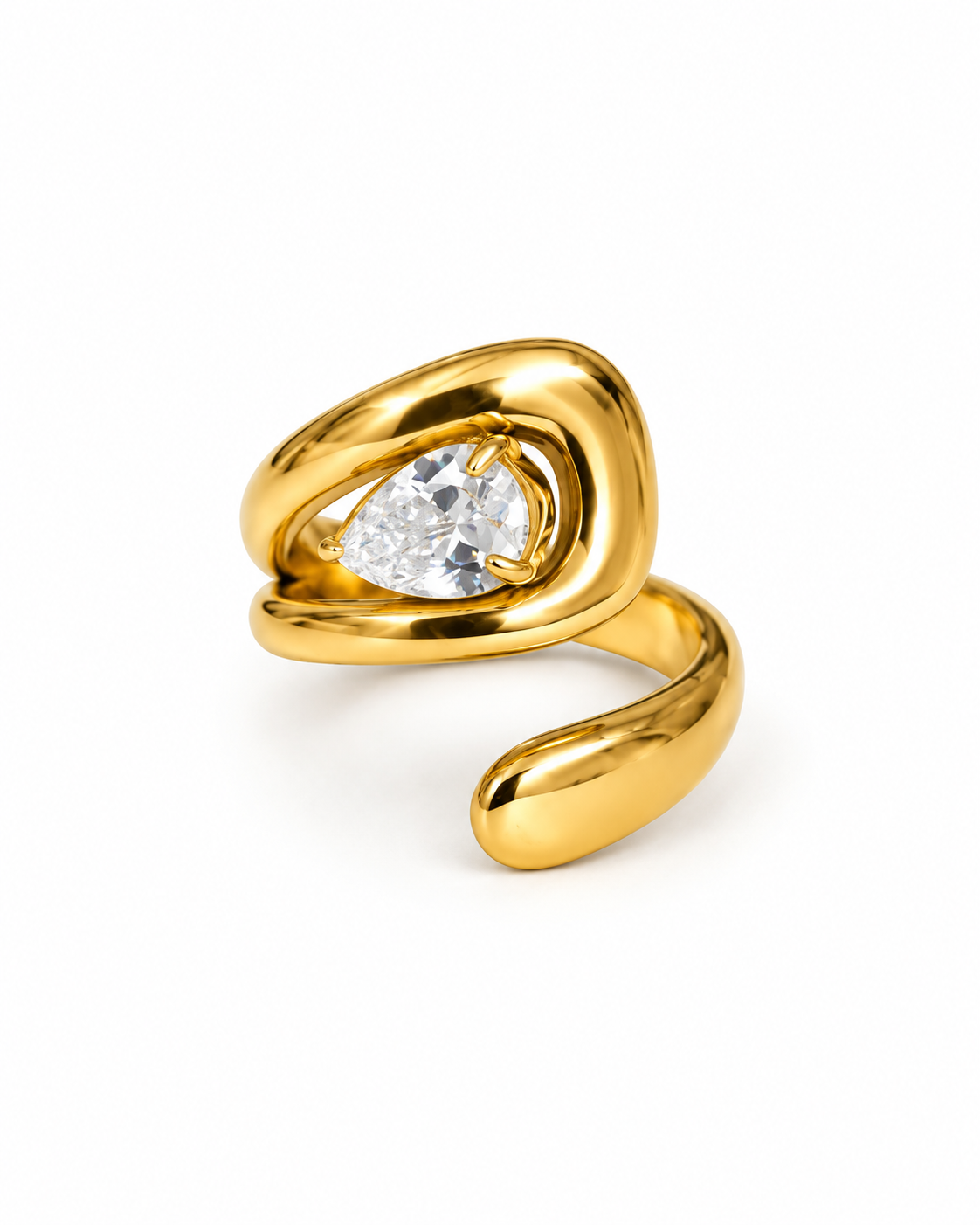 Bague Éolia dorée tourbillon gros zircon poire