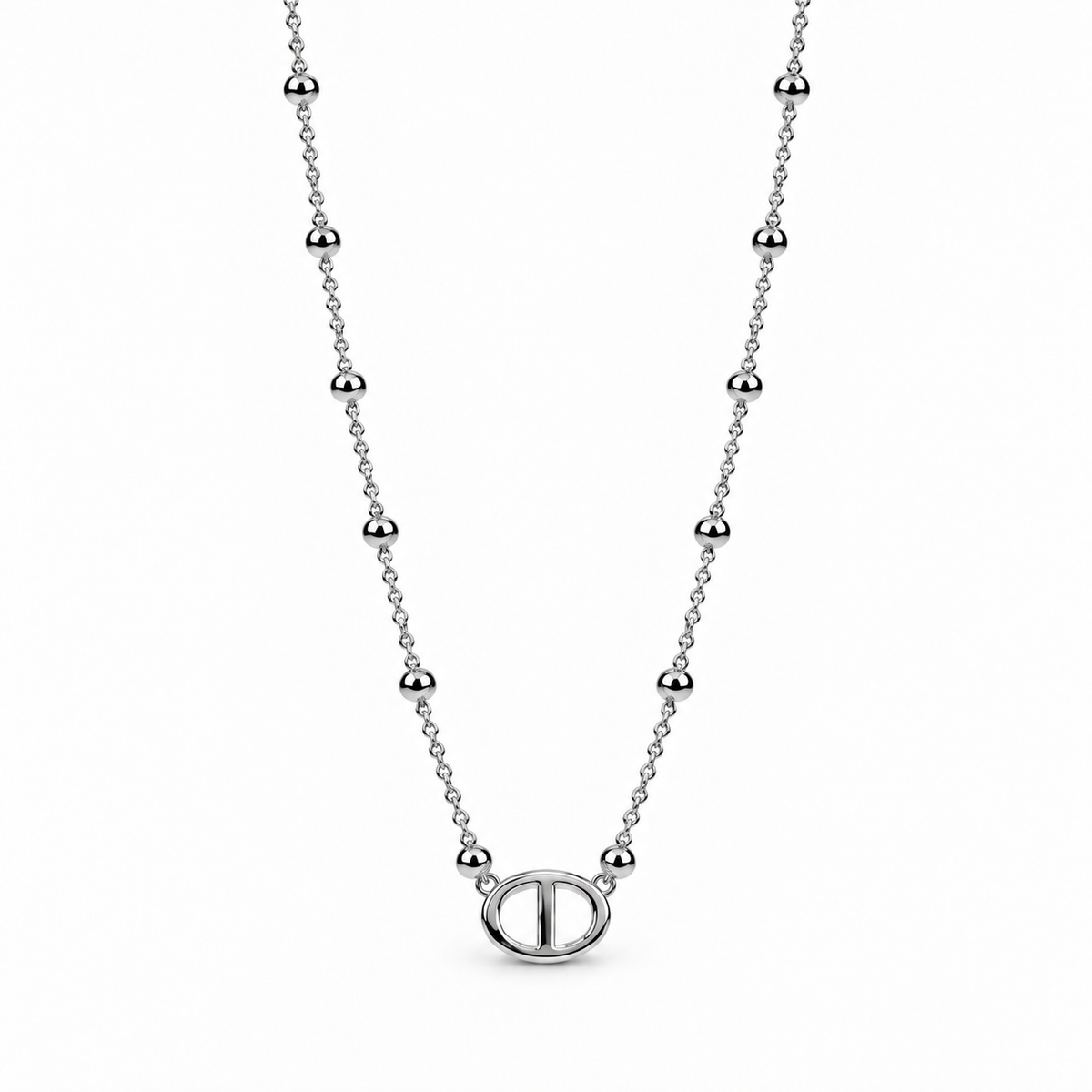 Collier petites perles breloque maille marine - argenté