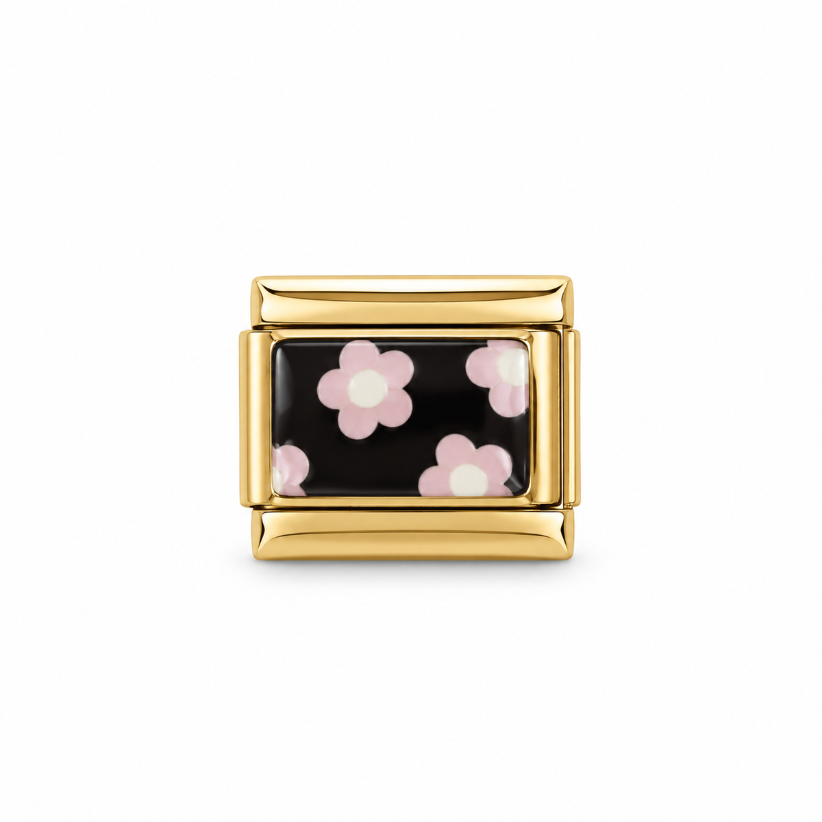 Charm italien fleurs roses fond noir - doré