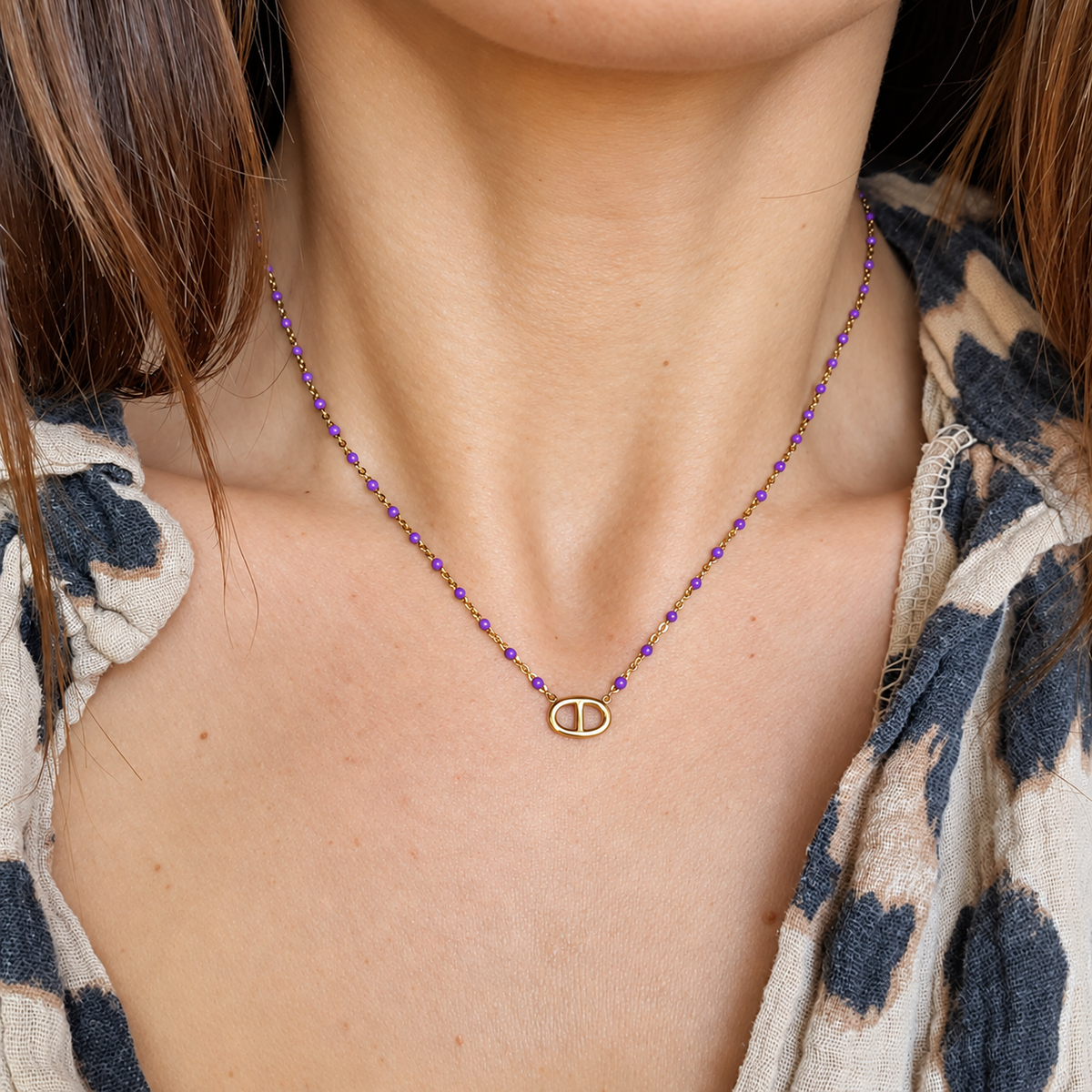 Collier maille marine perles violettes