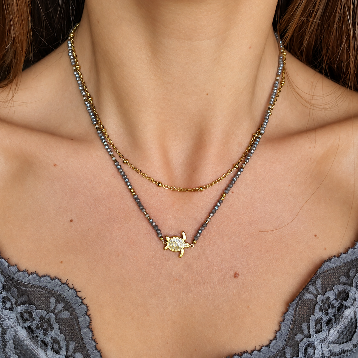 Double collier tortue et perles - doré
