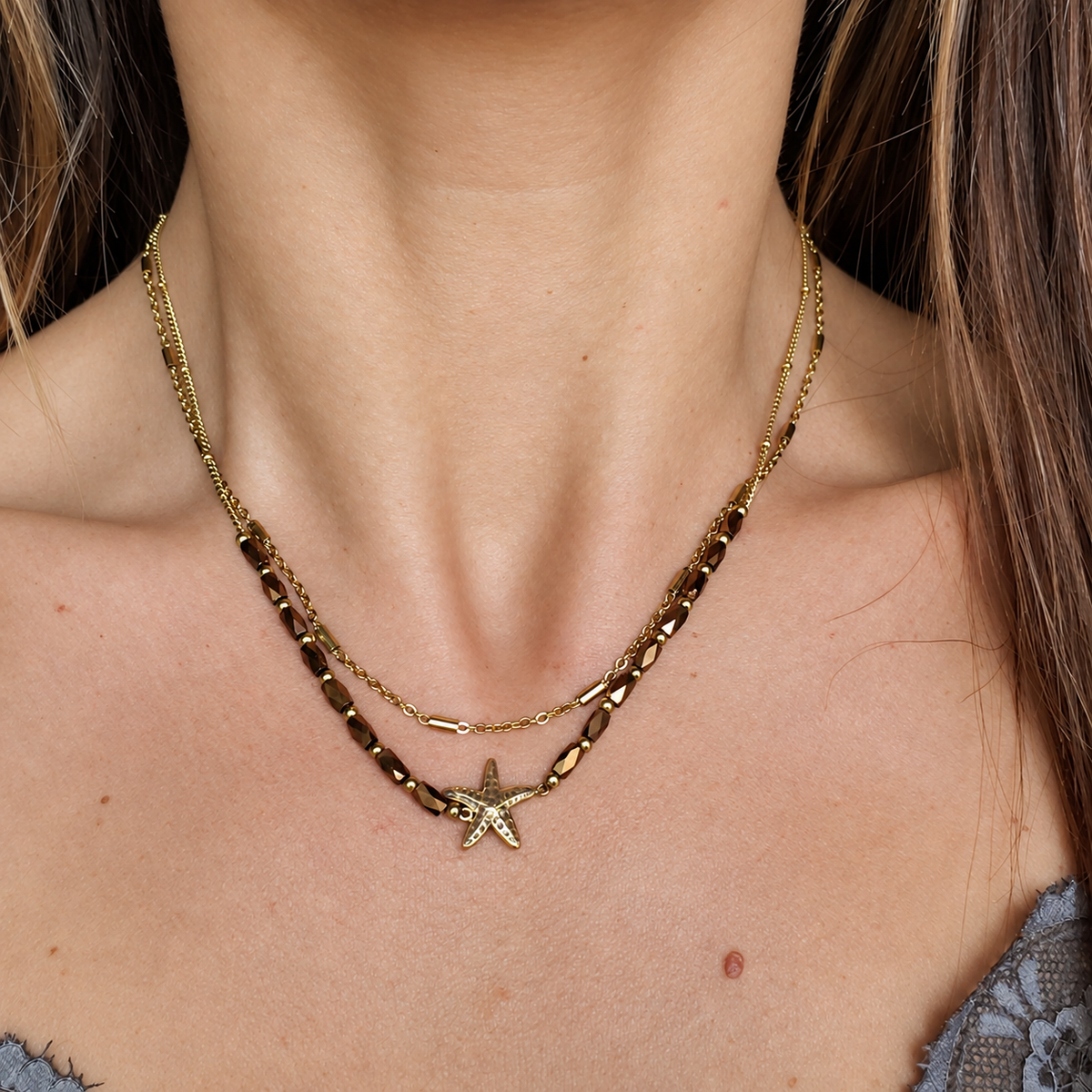 Double collier multi étoile de mer et perles à facettes - doré