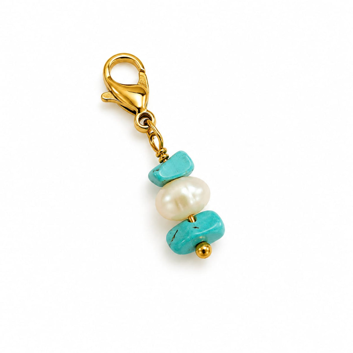 Charm duo d'éclats de pierres Turquoise et perle d'eau douce - doré