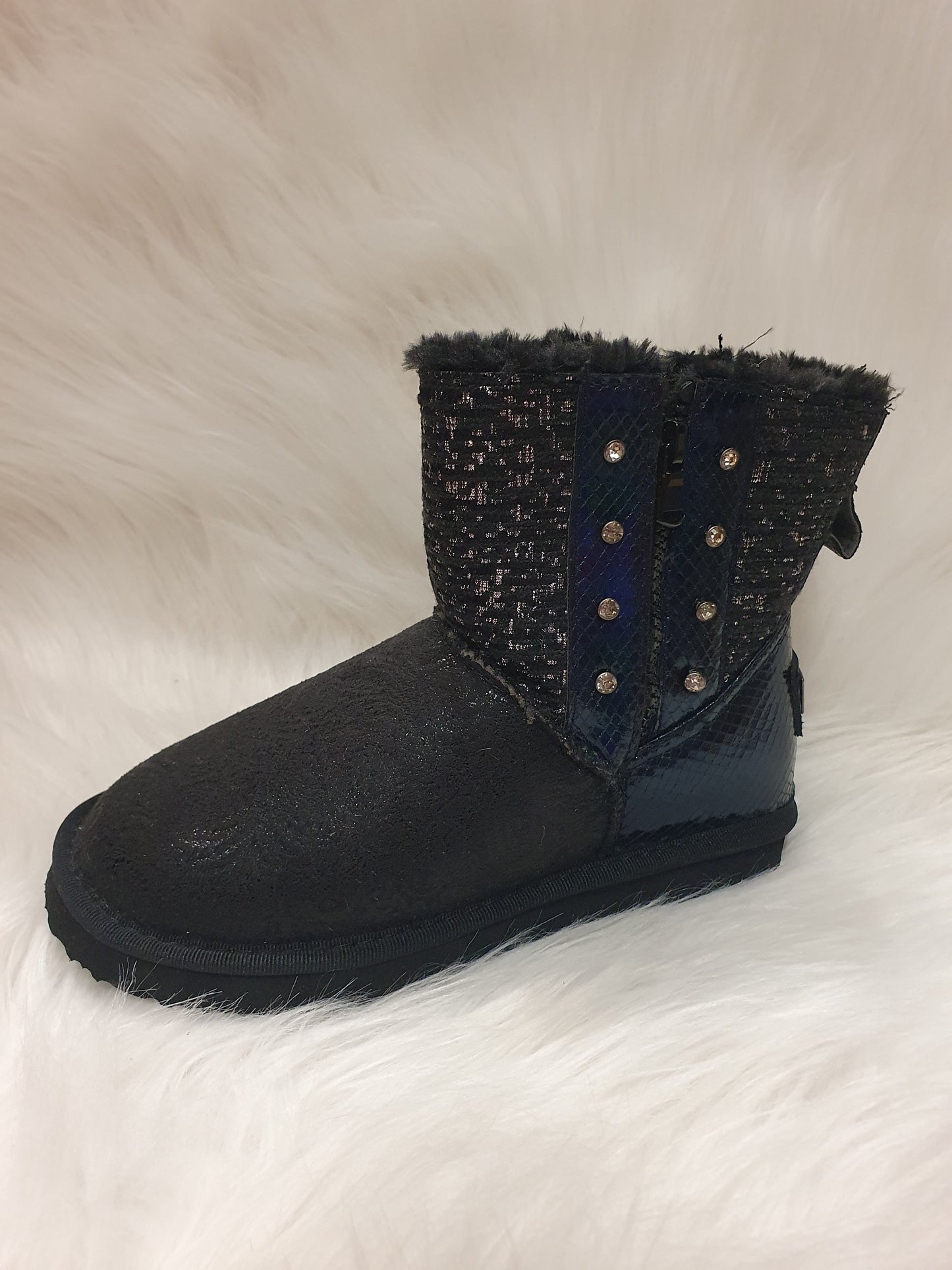 Boots fourrées strass/tweed noires & bleues