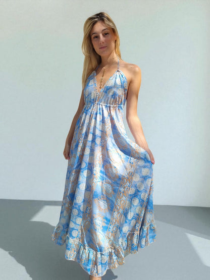 Robe en soie dos nu - bleu