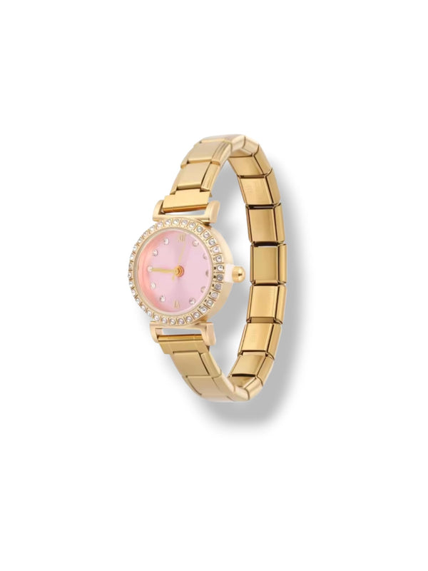 Montre Bracelet Italien à personnaliser – CHRONA – Dorée (cadran rose)