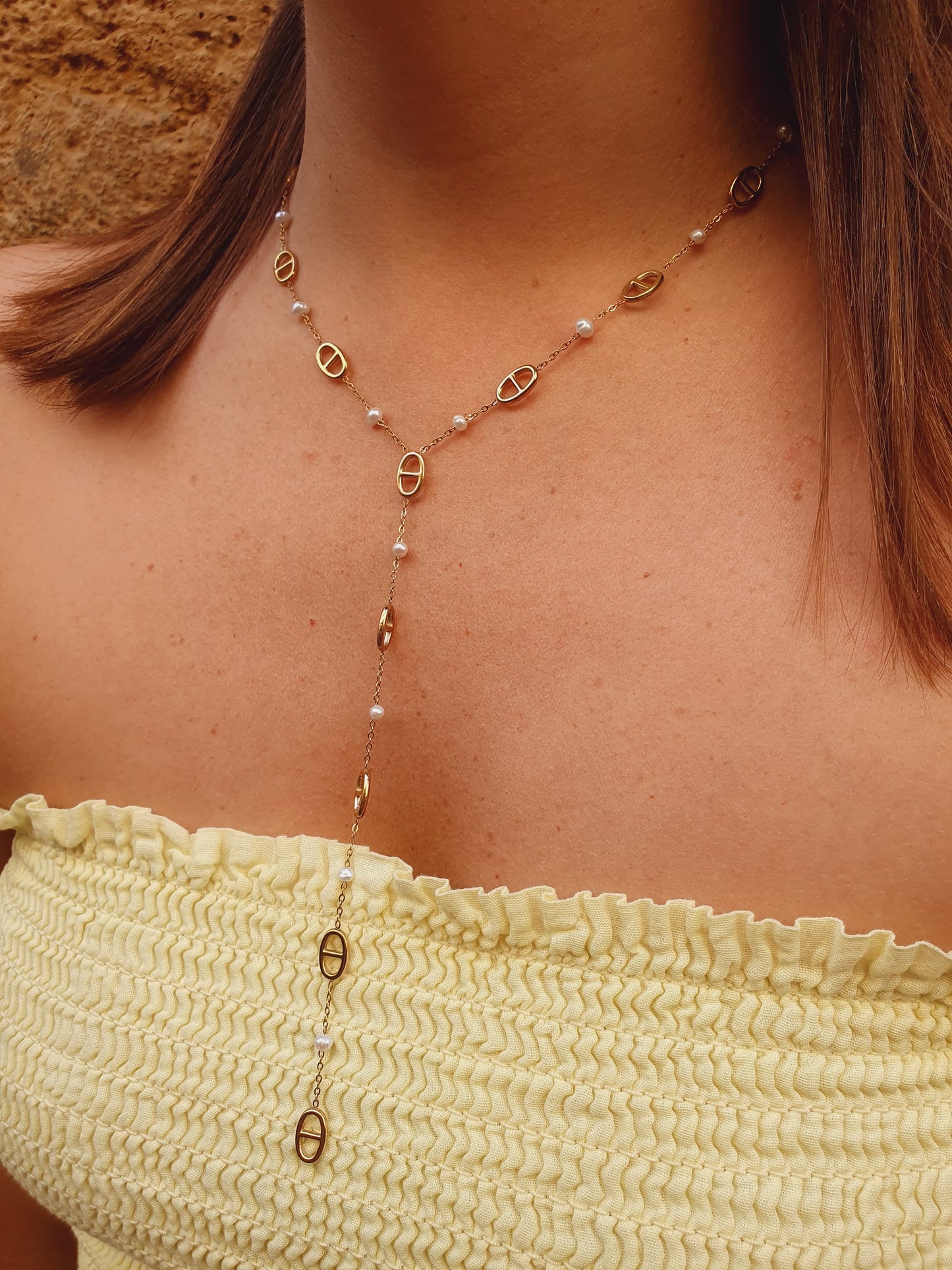 Sautoir maille marine & perles d'eau douce