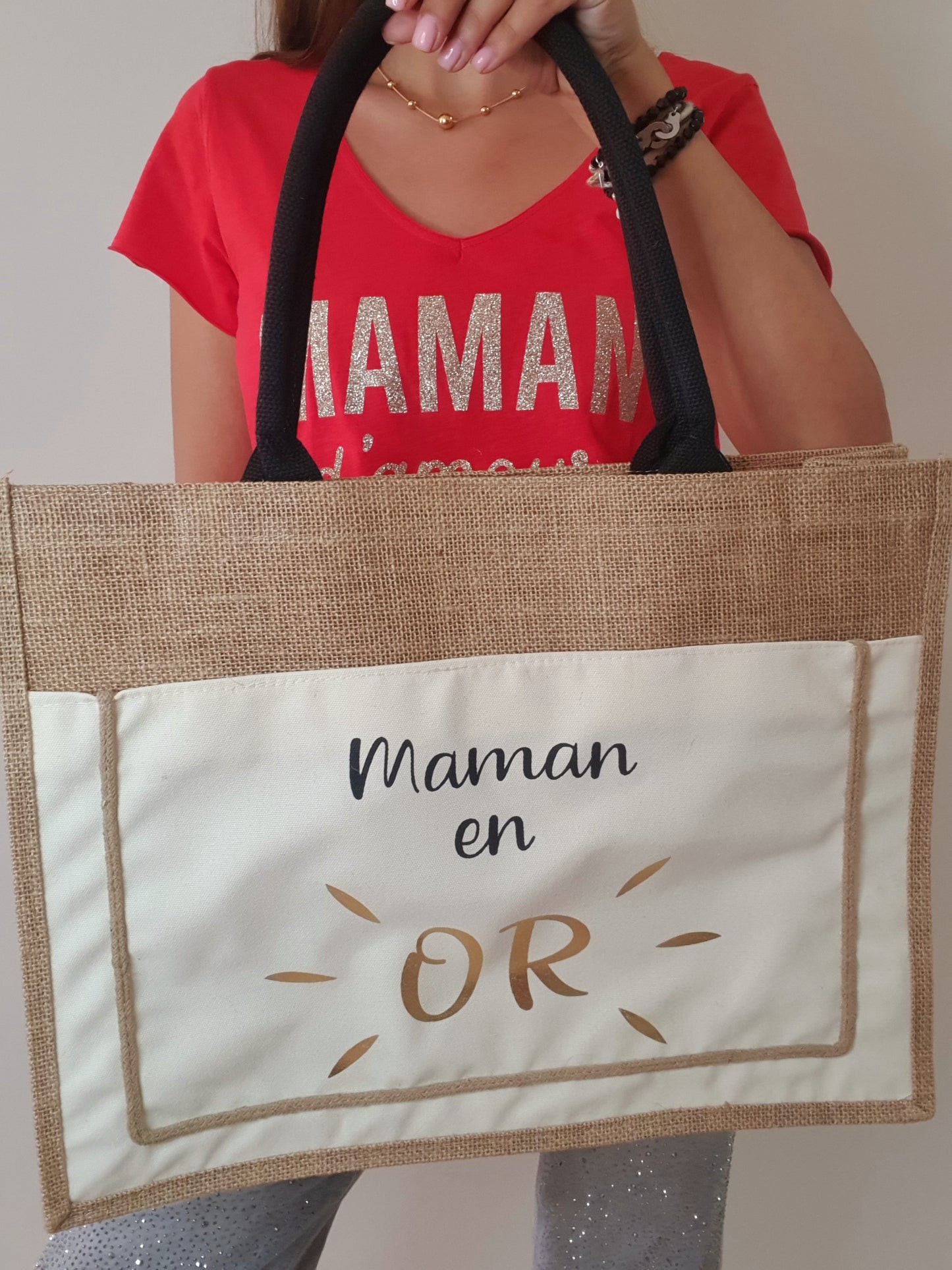 Grand sac cabas MAMAN EN OR - 100 % lin