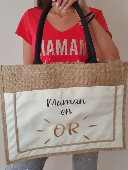 Grand sac cabas MAMAN EN OR - 100 % lin