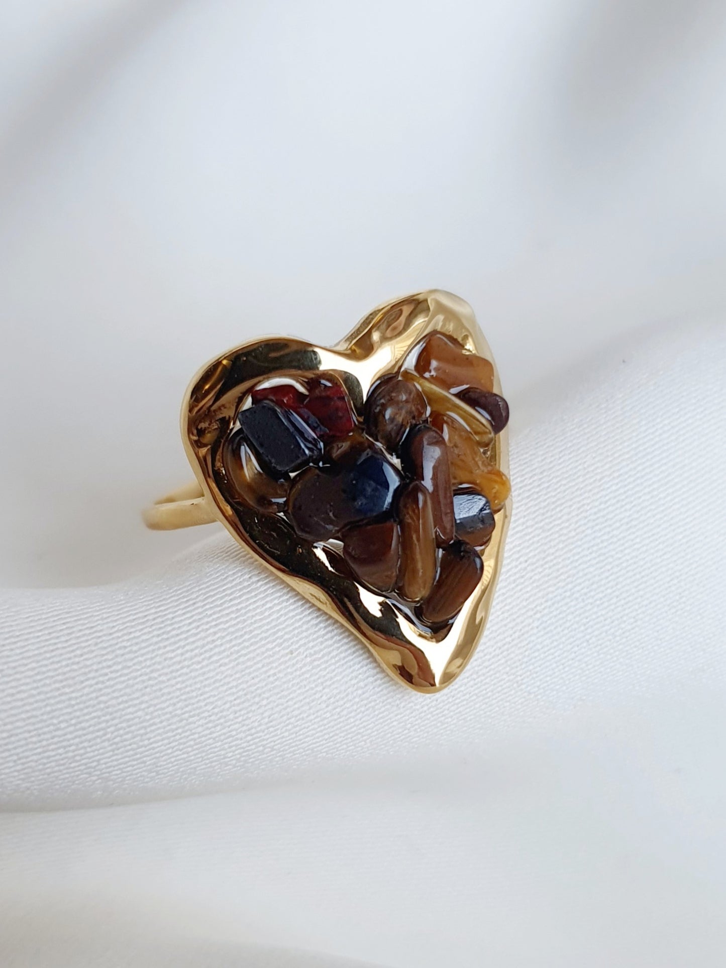 Bague Coeur éclats de pierre naturelle Oeil de tigre - doré/marron