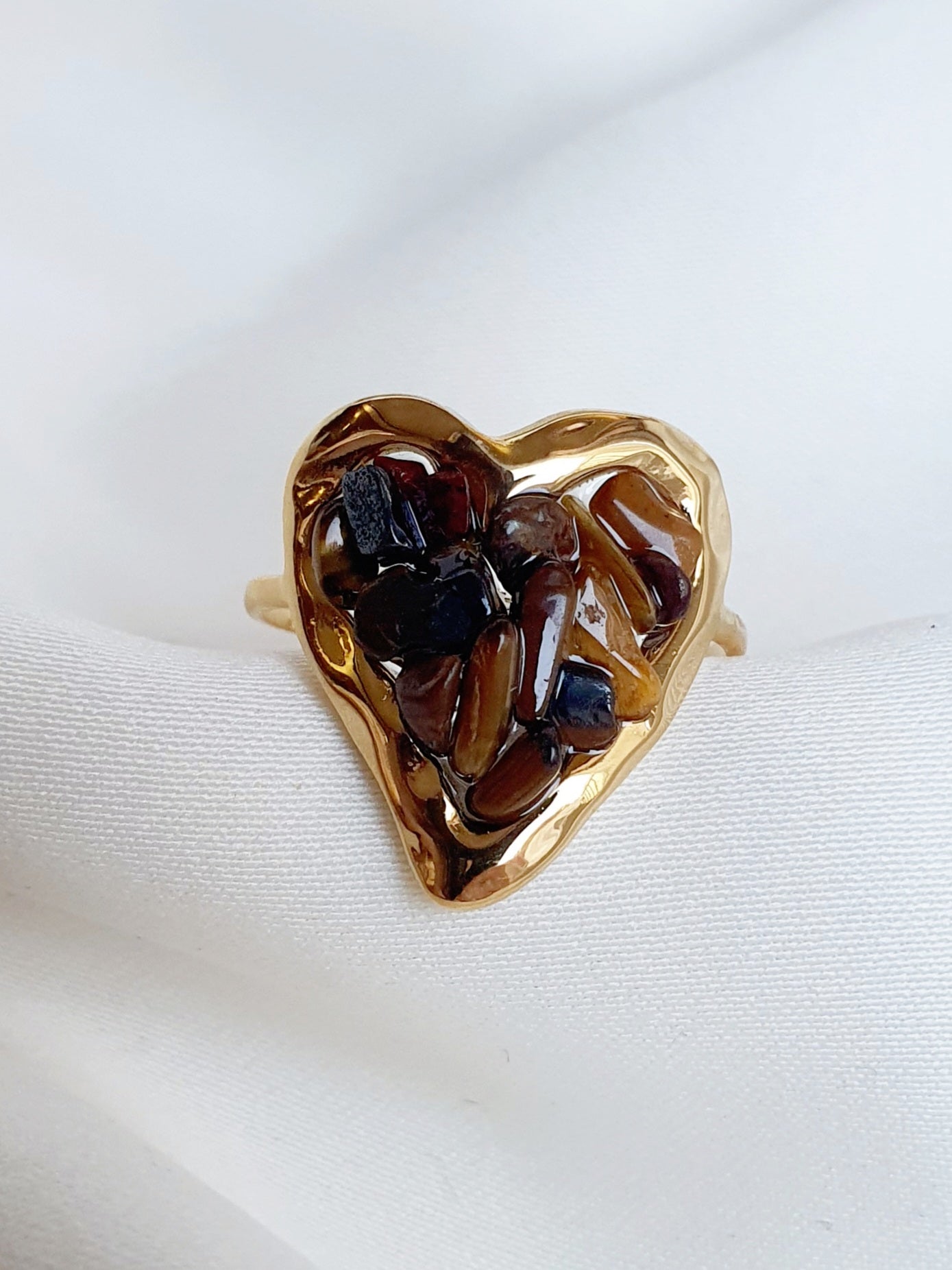 Bague Coeur éclats de pierre naturelle Oeil de tigre - doré/marron