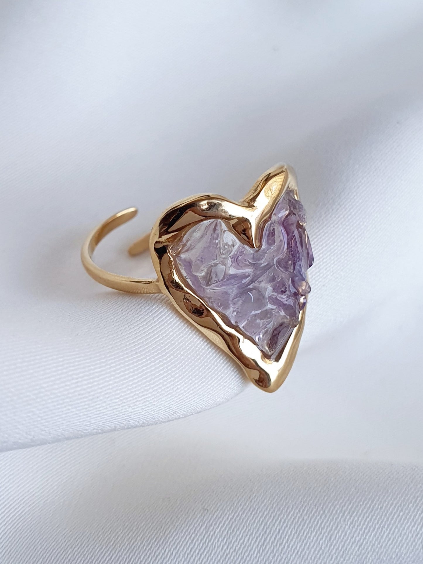 Bague Coeur éclats de pierre naturelle Améthyste - doré/violet