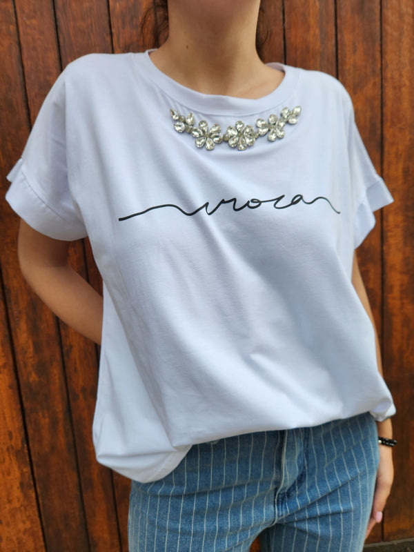 Tee shirt col strass - blanc