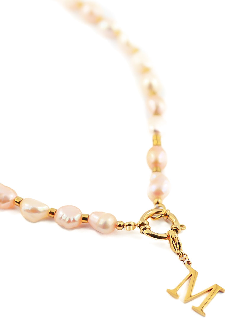 Collier perles d'eau douce & petites perles acier (personnalisable) - corail irisé/doré