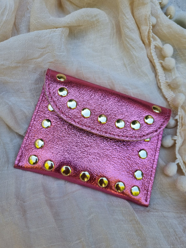 Porte-cartes/monnaie en cuir clouté - rose métallisé